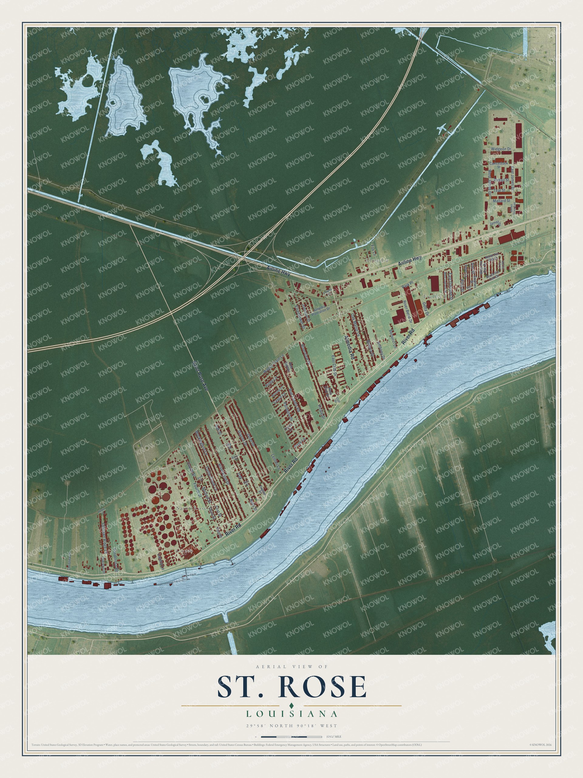 Full map of St. Rose, Louisiana, with red buildings, printed street names and the land around them