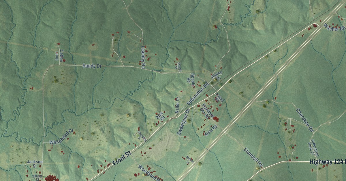 Close-up of streets and buildings in Standard, Louisiana