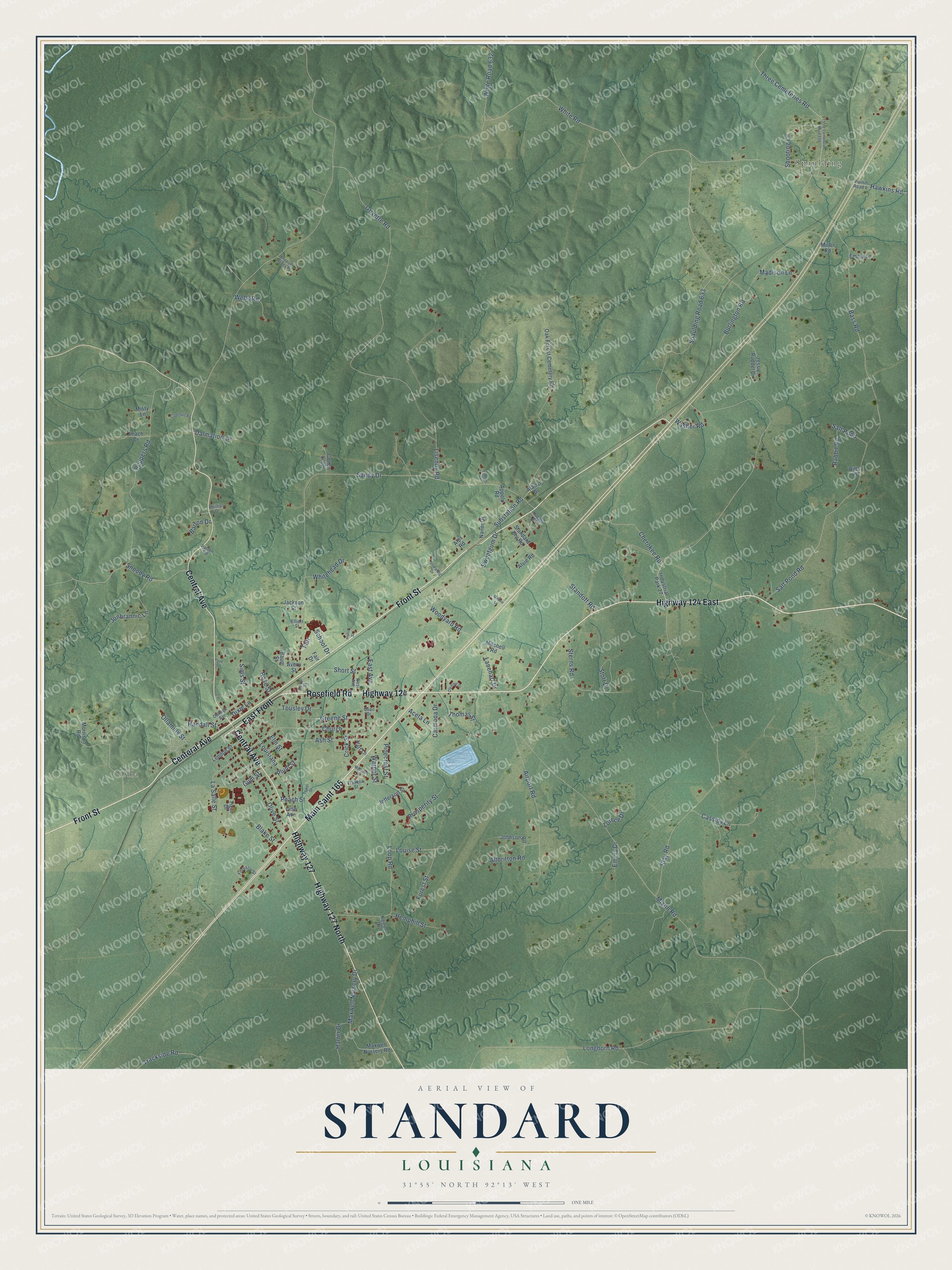 Full map of Standard, Louisiana, with red buildings, printed street names and the land around them