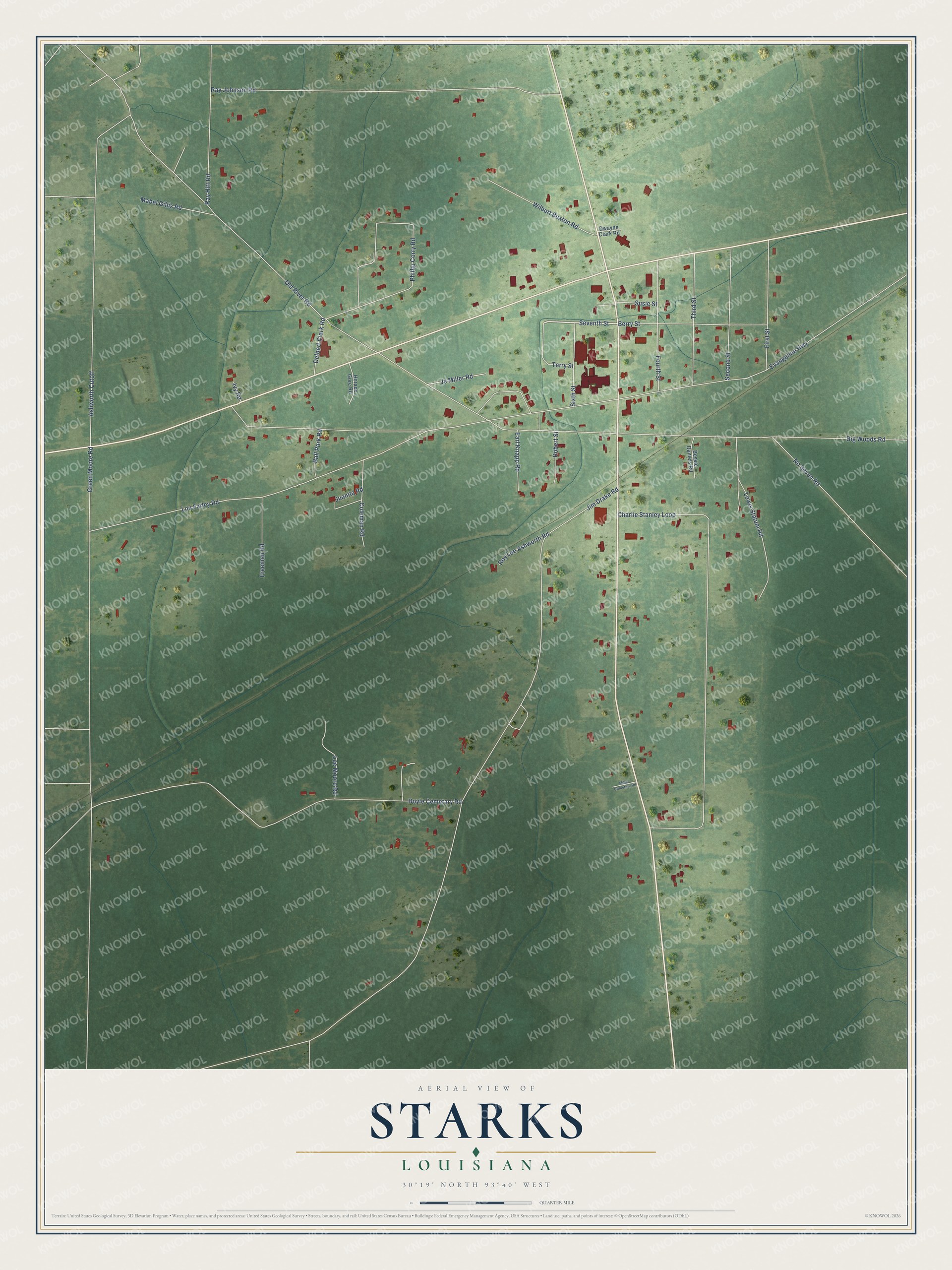 Full map of Starks, Louisiana, with red buildings, printed street names and the land around them