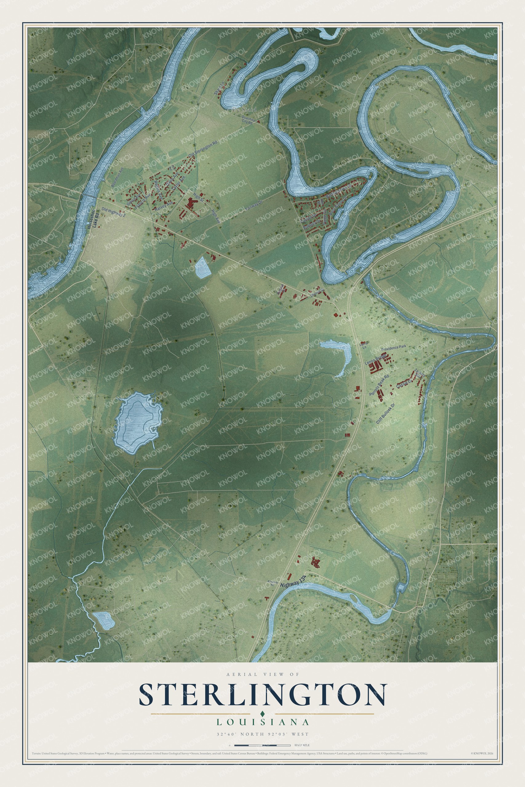 Full map of Sterlington, Louisiana, with red buildings, printed street names and the land around them