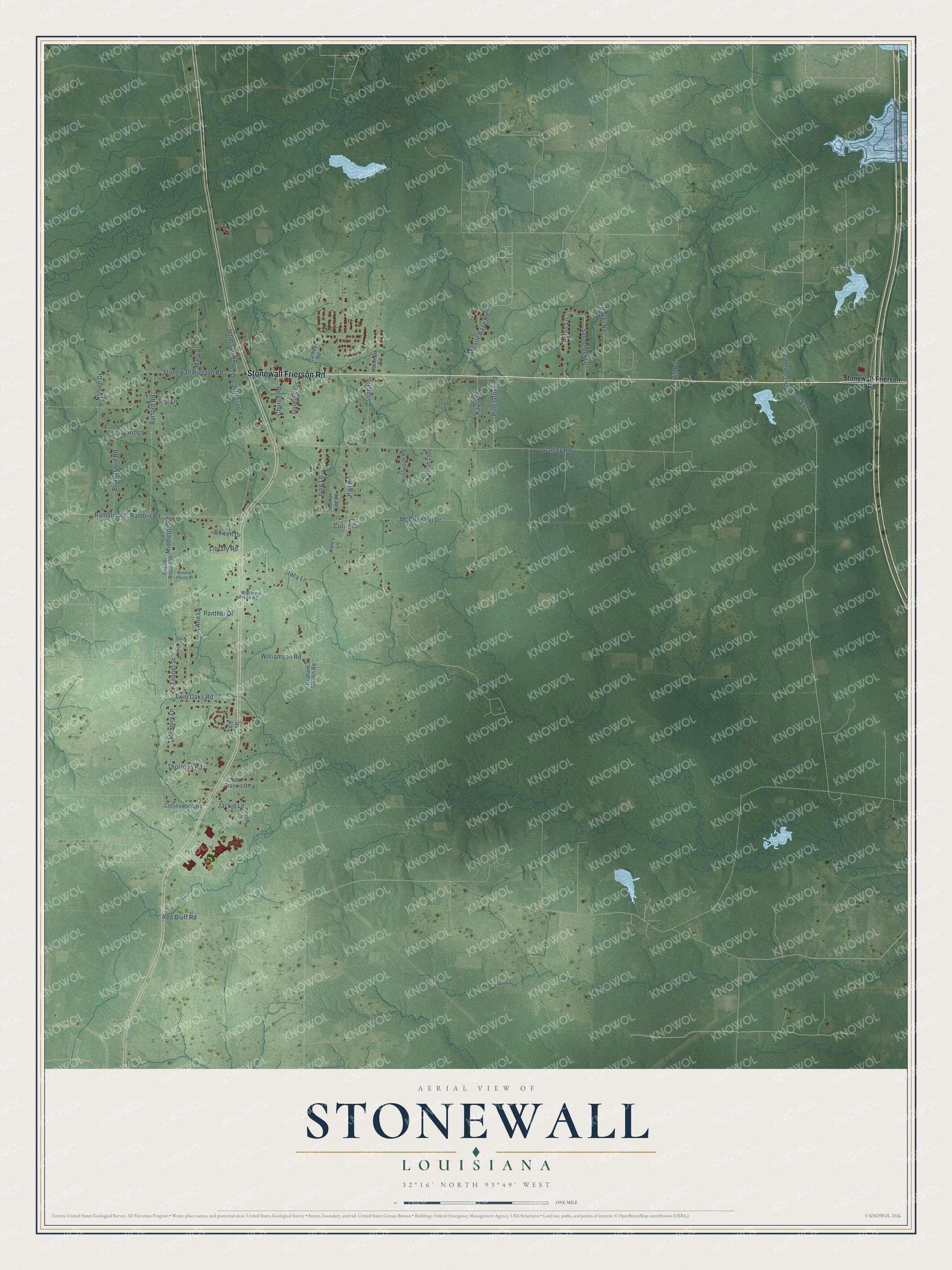 Full map of Stonewall, Louisiana, with red buildings, printed street names and the land around them