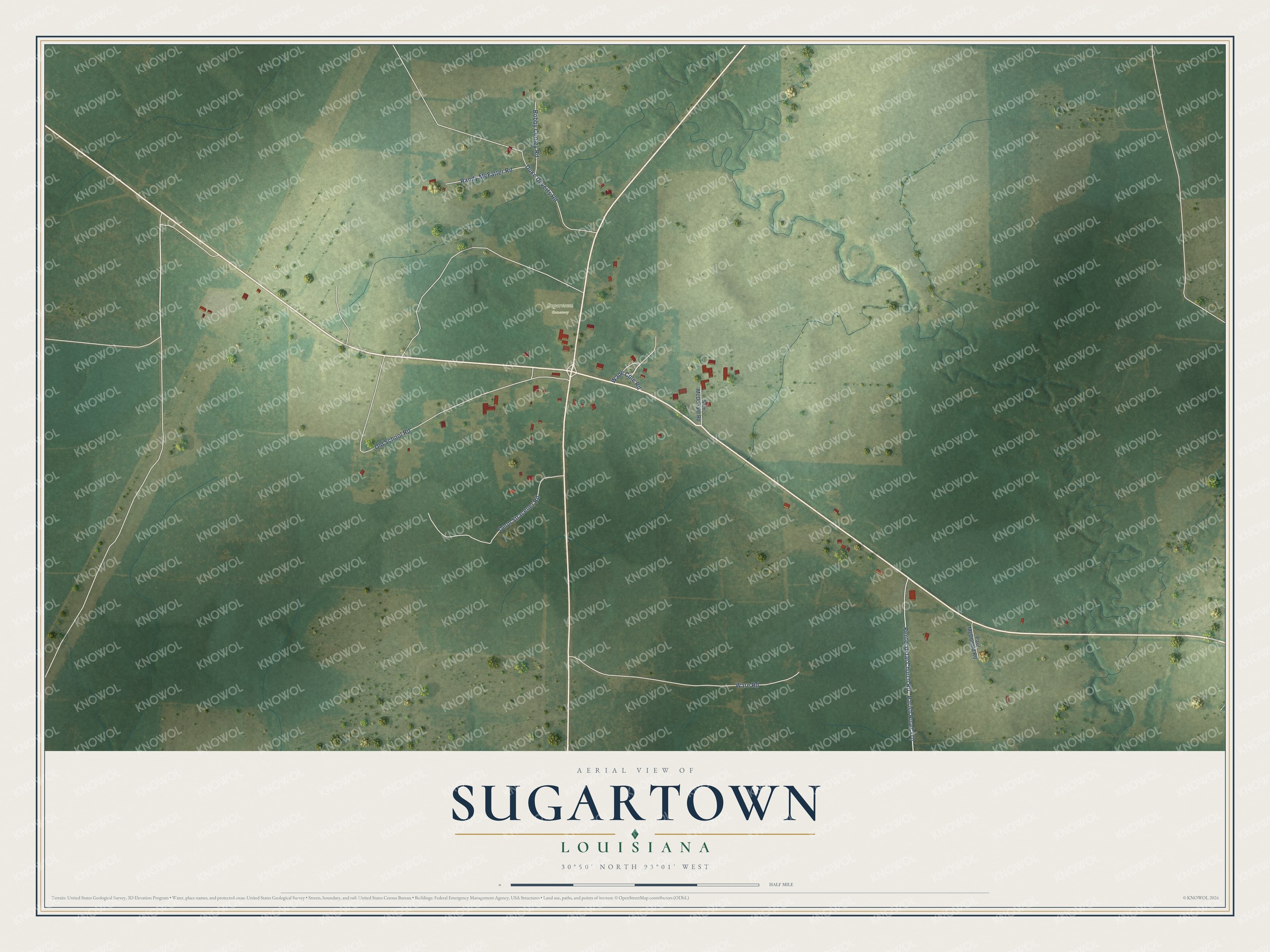 Full map of Sugartown, Louisiana, with red buildings, printed street names and the land around them