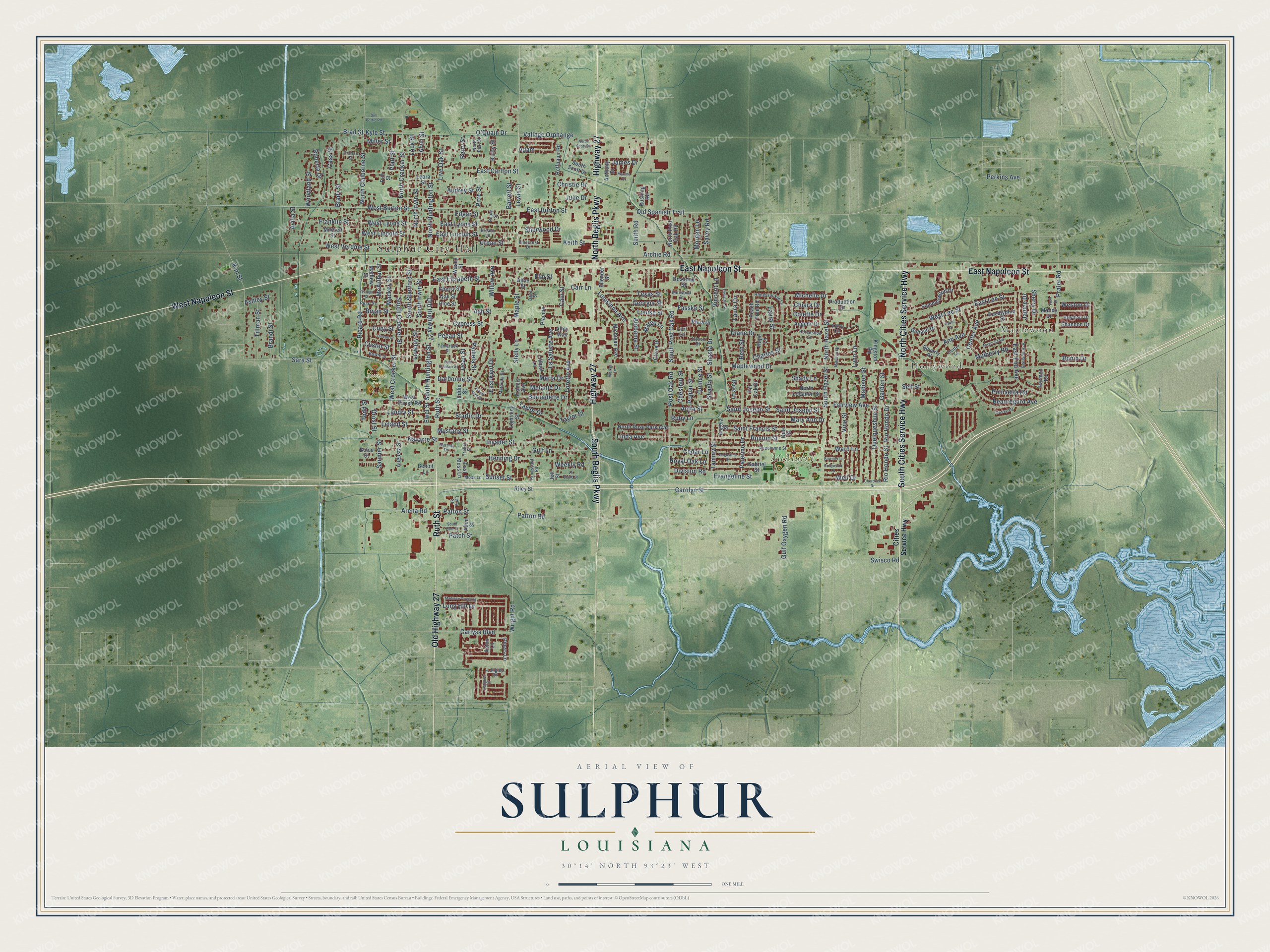 Full map of Sulphur, Louisiana, with red buildings, printed street names and the land around them