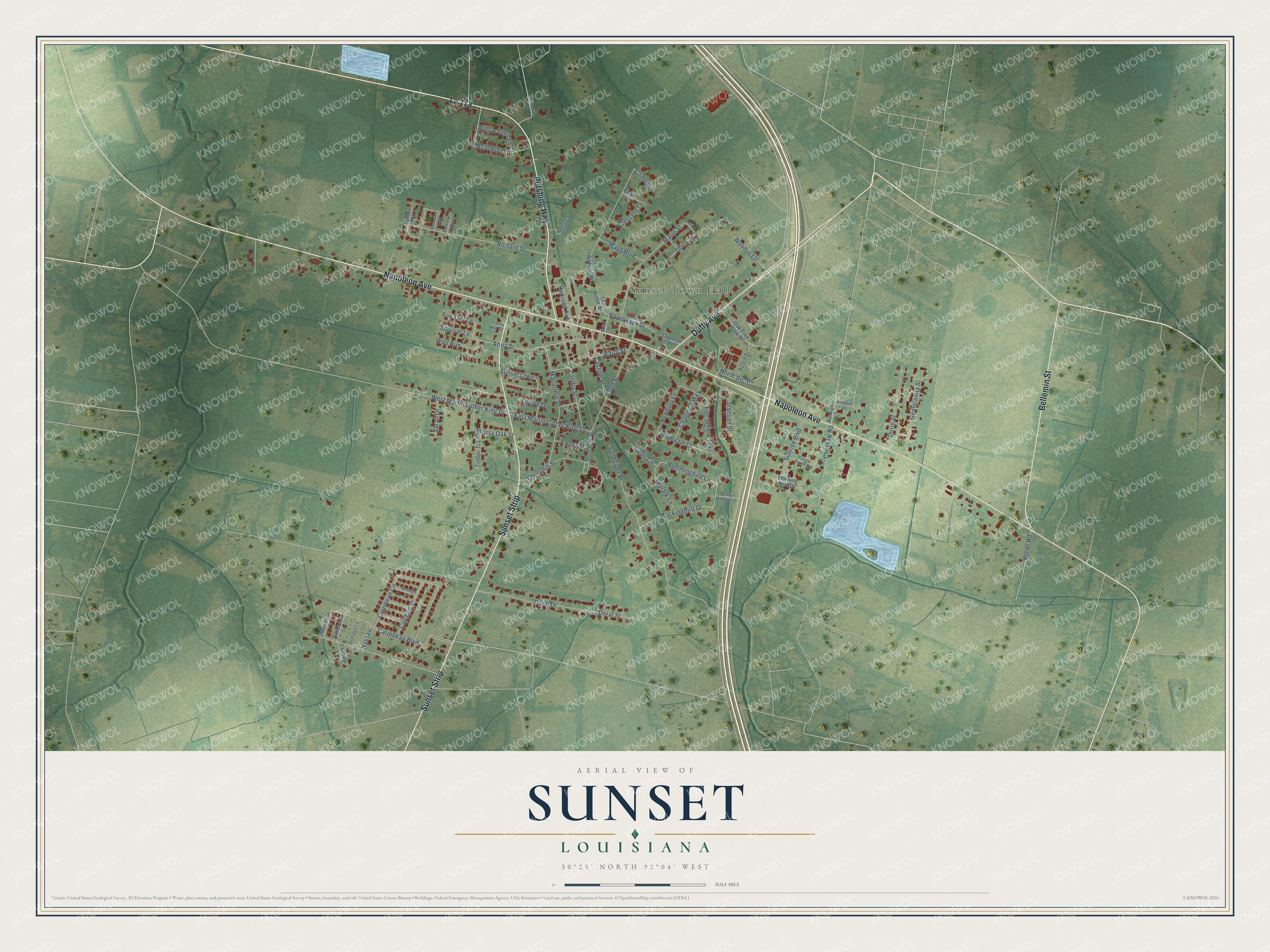 Full map of Sunset, Louisiana, with red buildings, printed street names and the land around them