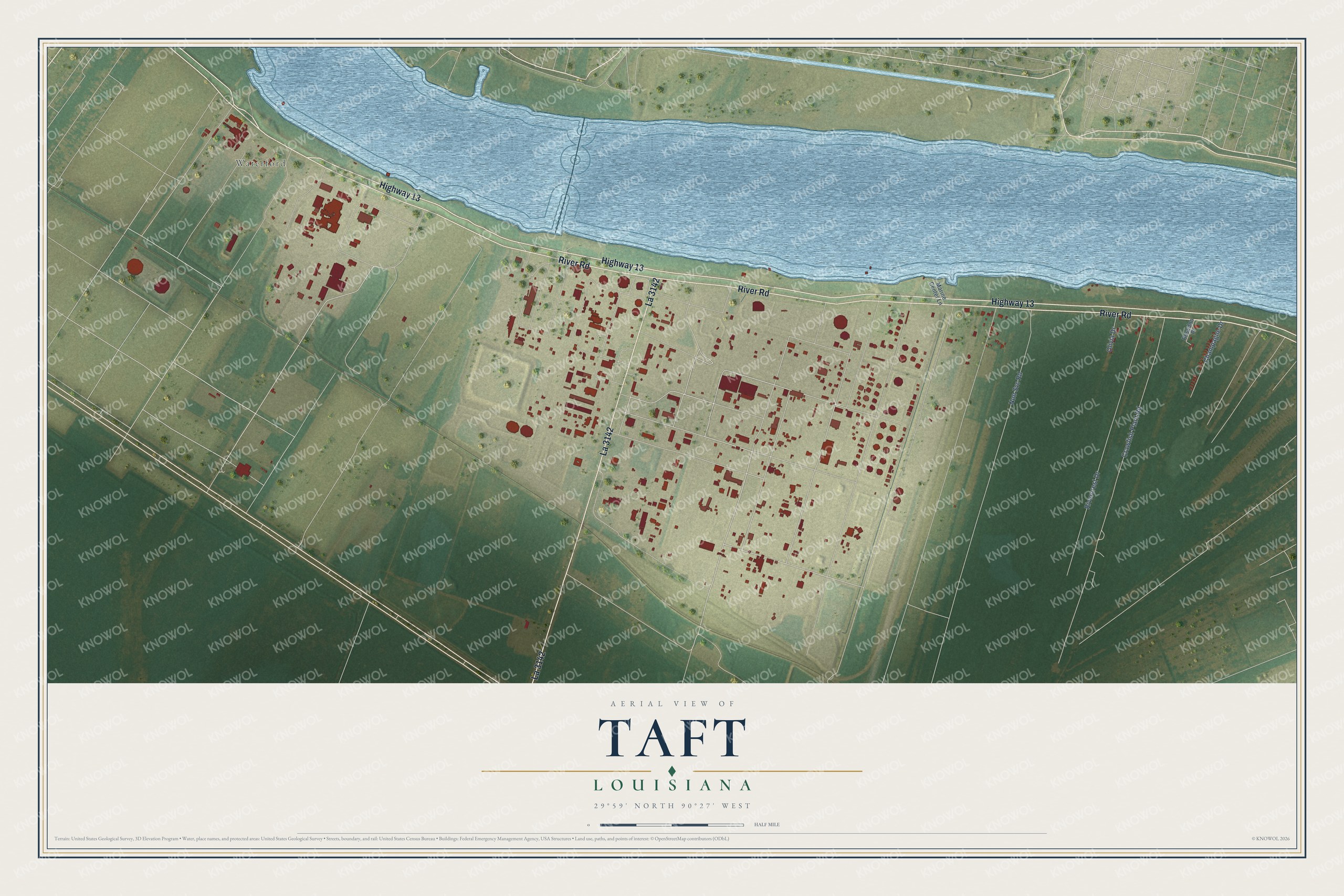 Full map of Taft, Louisiana, with red buildings, printed street names and the land around them