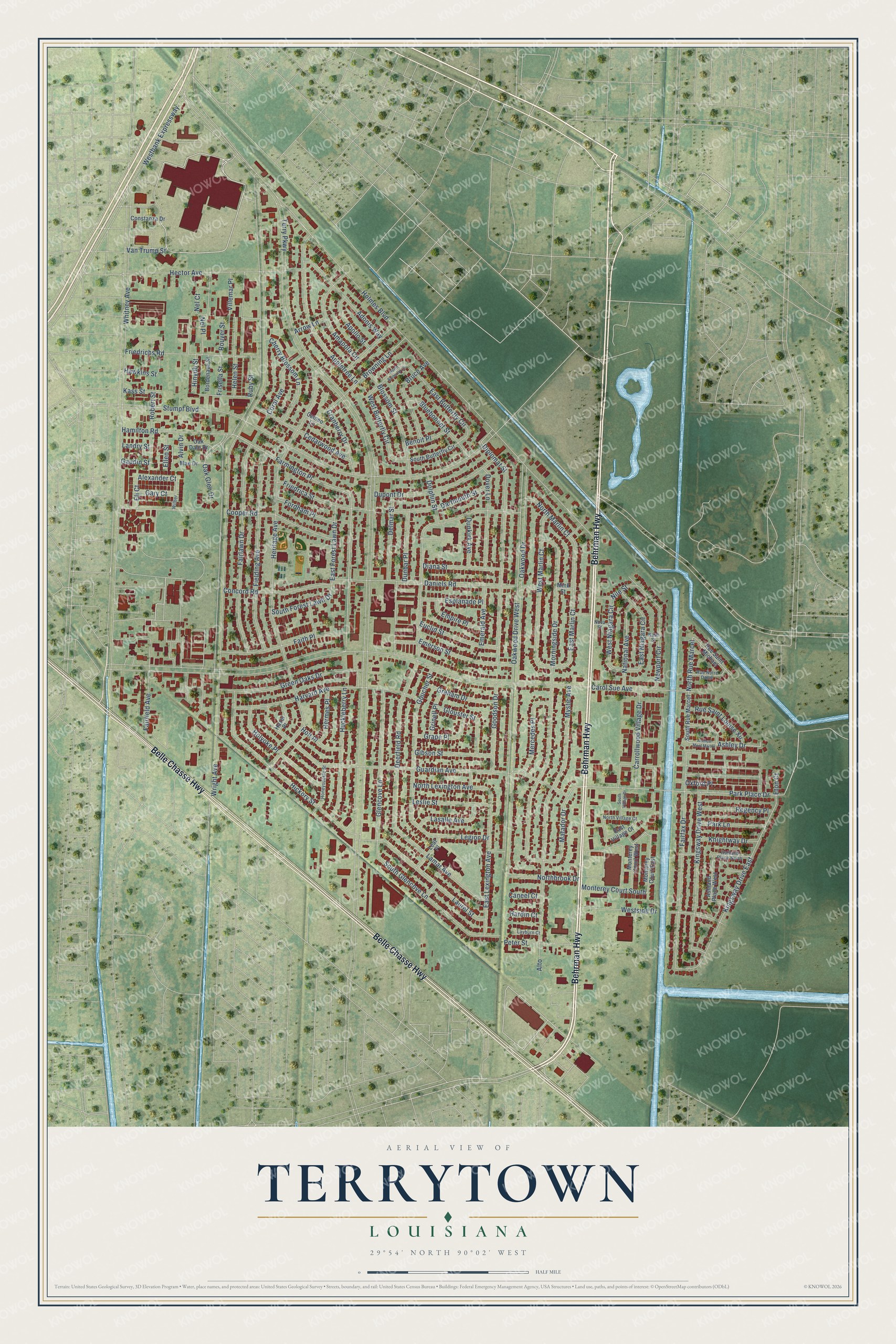 Full map of Terrytown, Louisiana, with red buildings, printed street names and the land around them