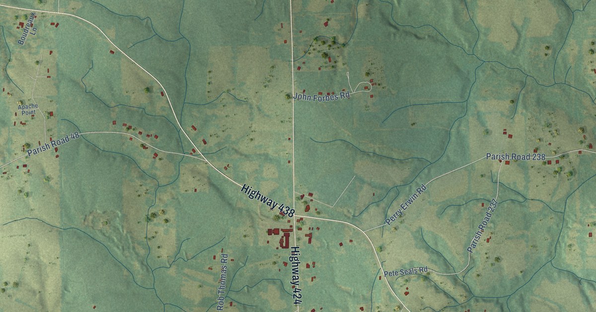 Close-up of streets and buildings in Thomas, Louisiana