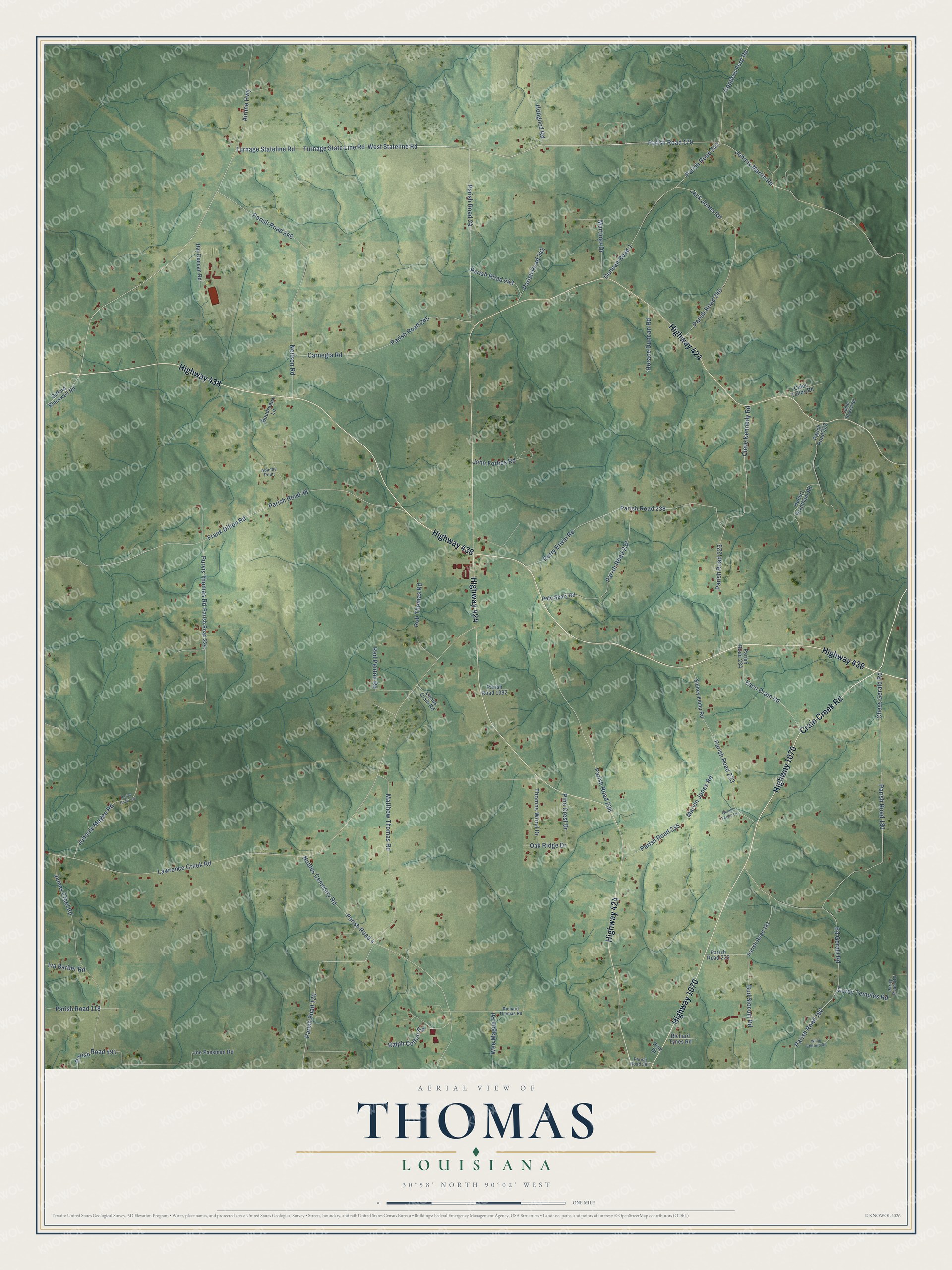 Full map of Thomas, Louisiana, with red buildings, printed street names and the land around them