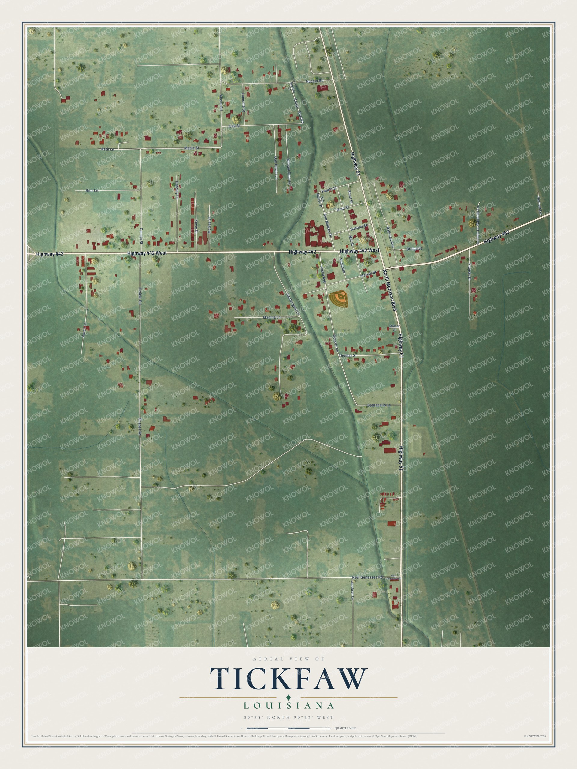 Full map of Tickfaw, Louisiana, with red buildings, printed street names and the land around them