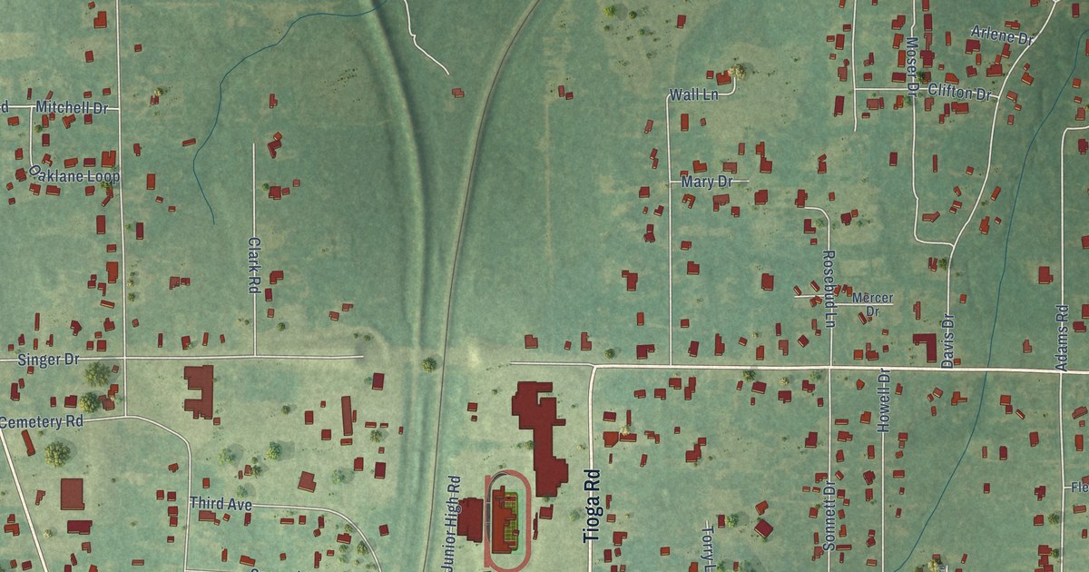 Close-up of streets and buildings in Tioga, Louisiana