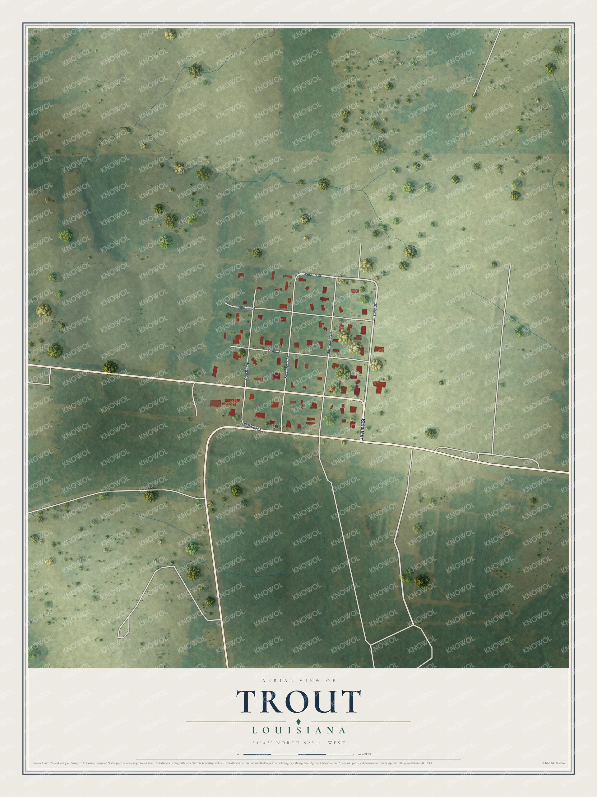 Full map of Trout, Louisiana, with red buildings, printed street names and the land around them