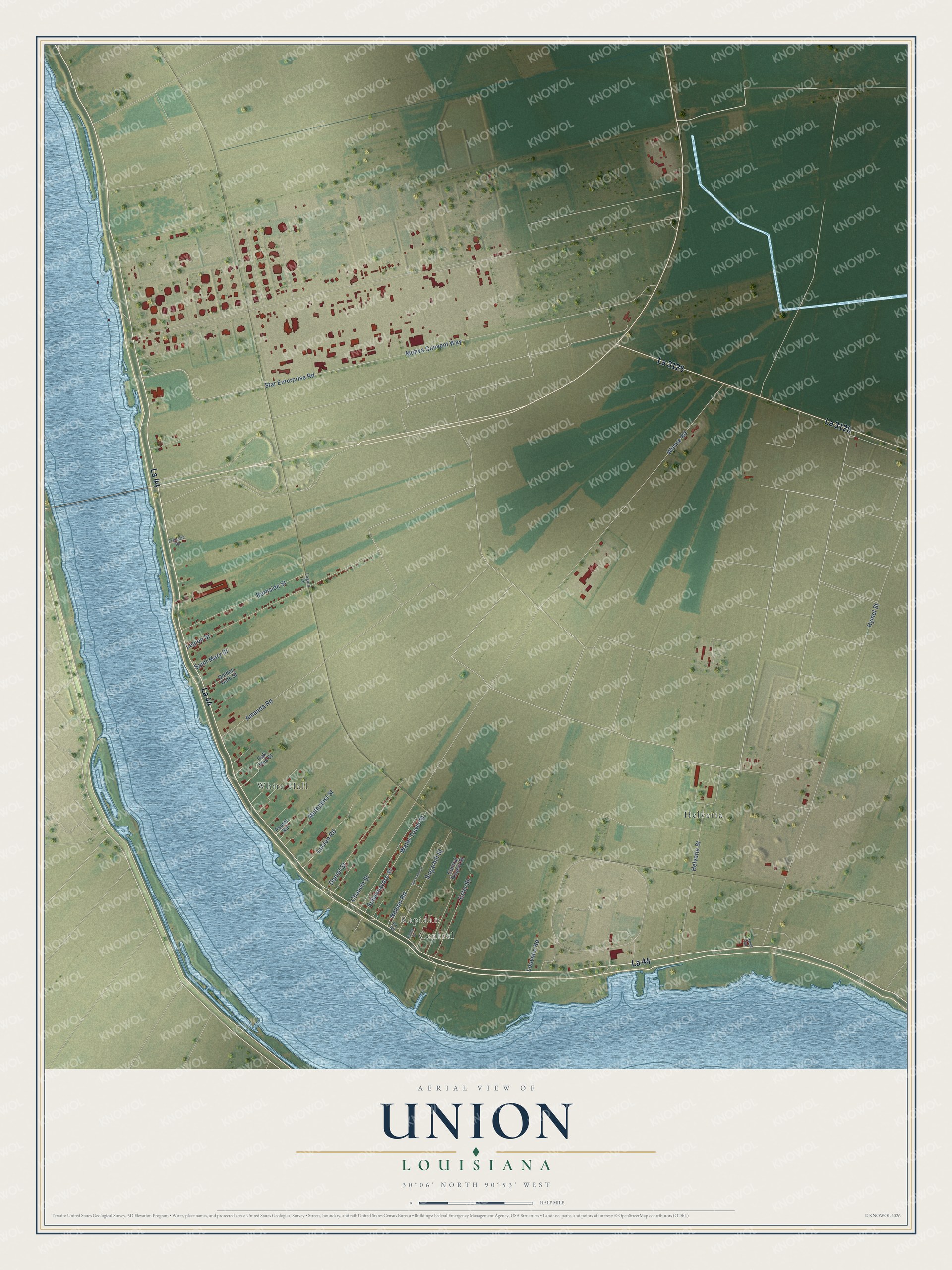Full map of Union, Louisiana, with red buildings, printed street names and the land around them