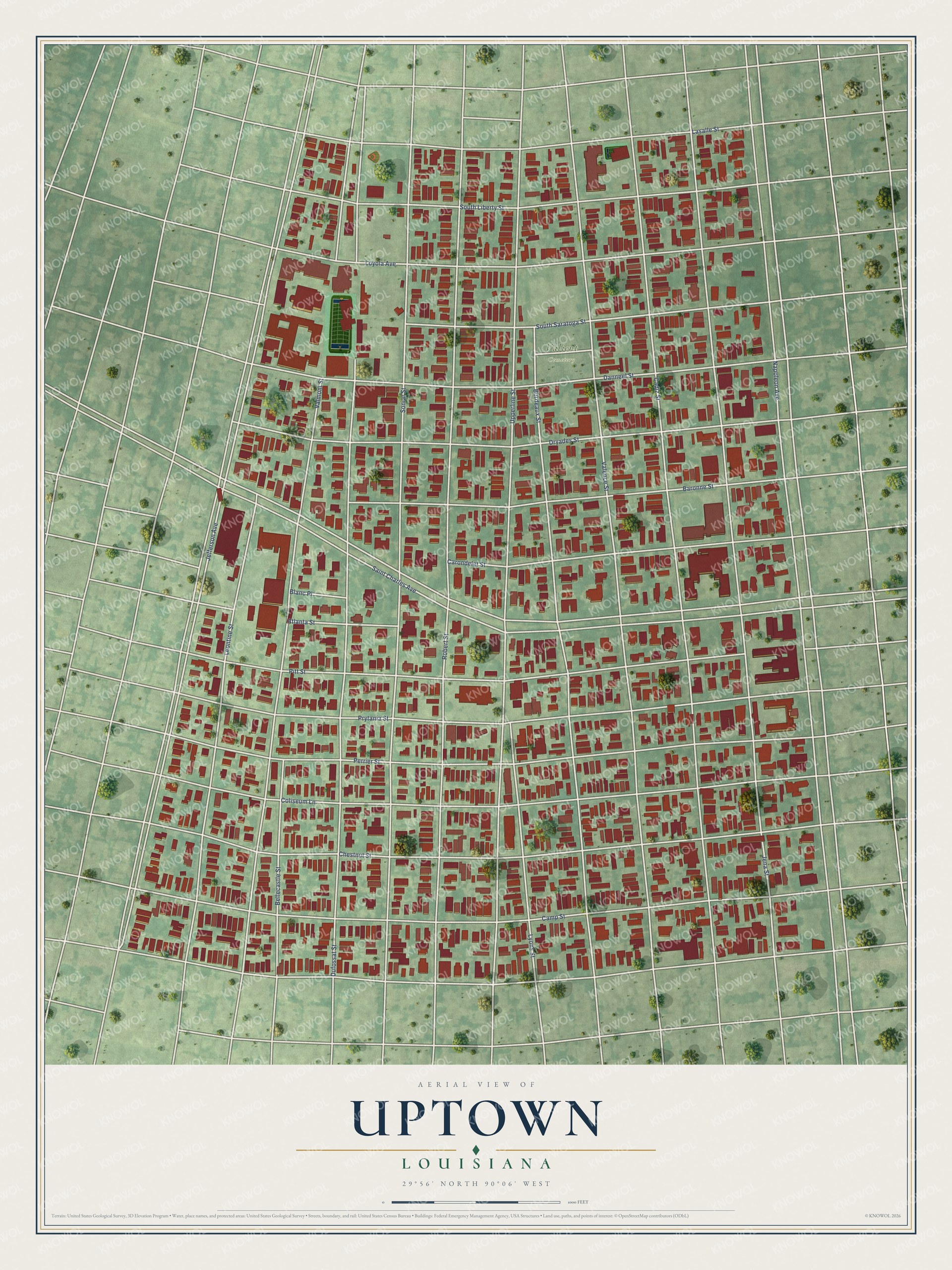 Full map of Uptown, Louisiana, with red buildings, printed street names and the land around them