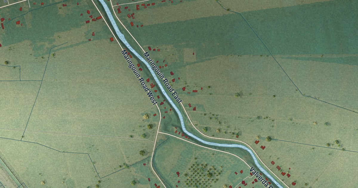 Close-up of streets and buildings in Valverda, Louisiana