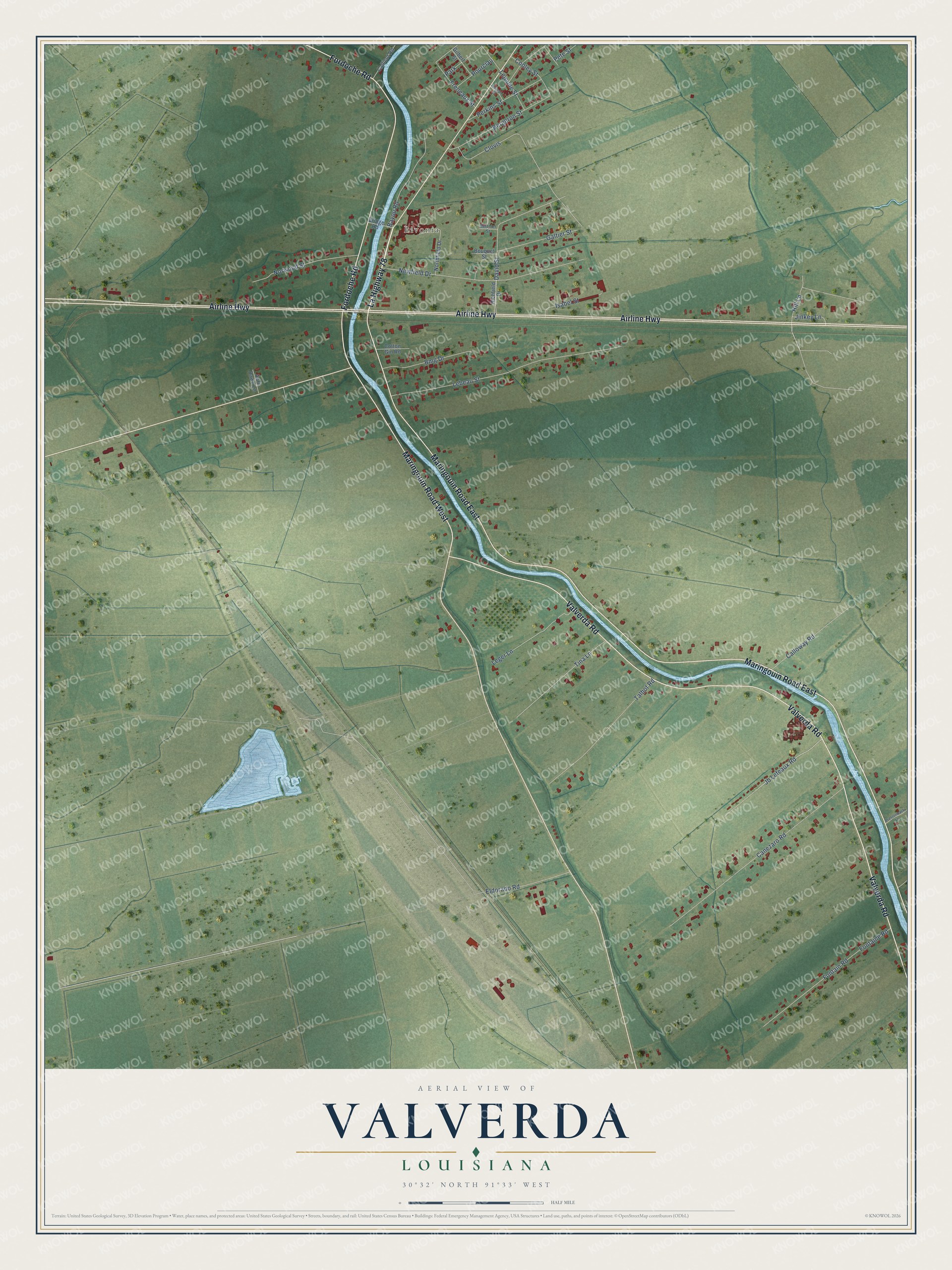 Full map of Valverda, Louisiana, with red buildings, printed street names and the land around them