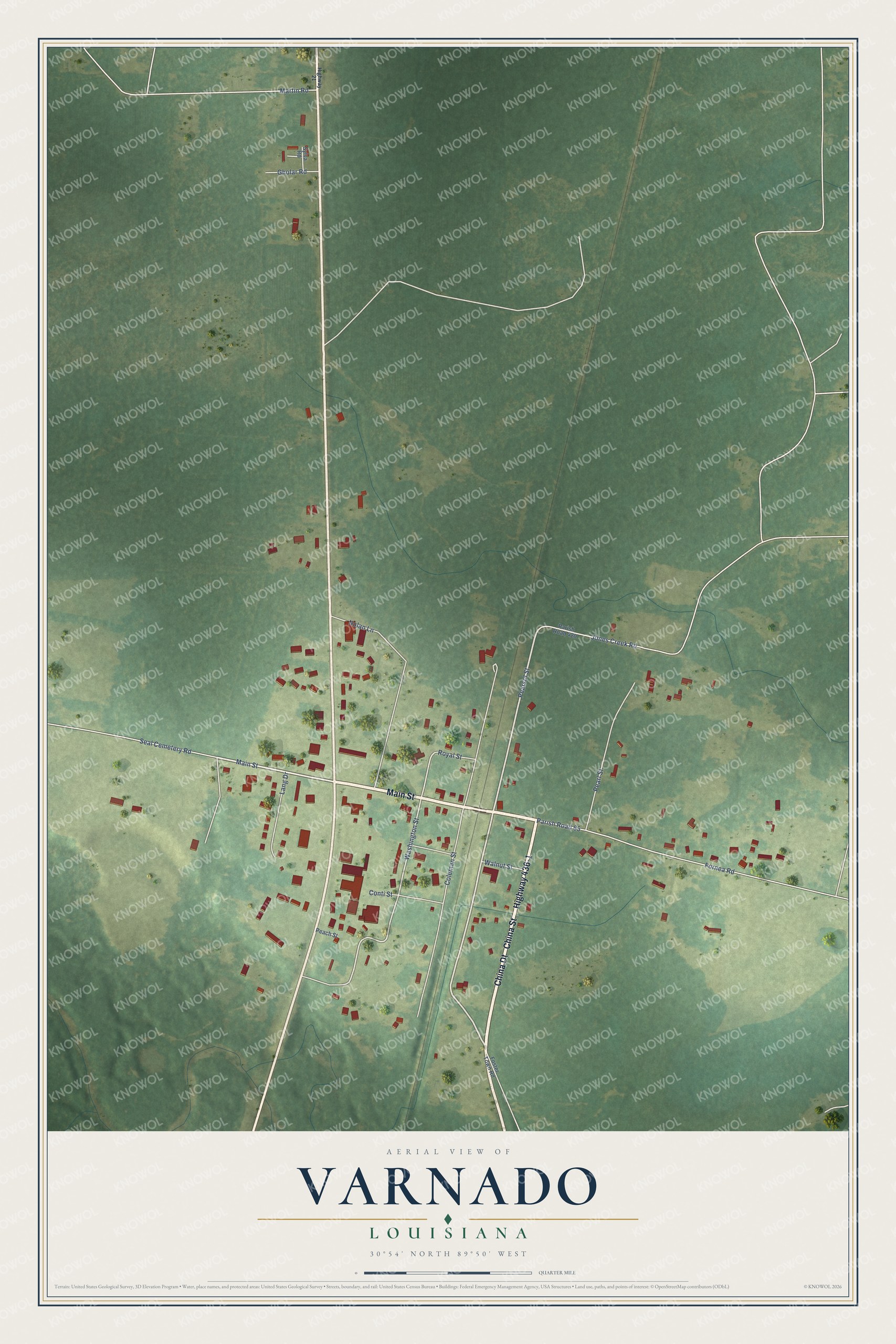 Full map of Varnado, Louisiana, with red buildings, printed street names and the land around them