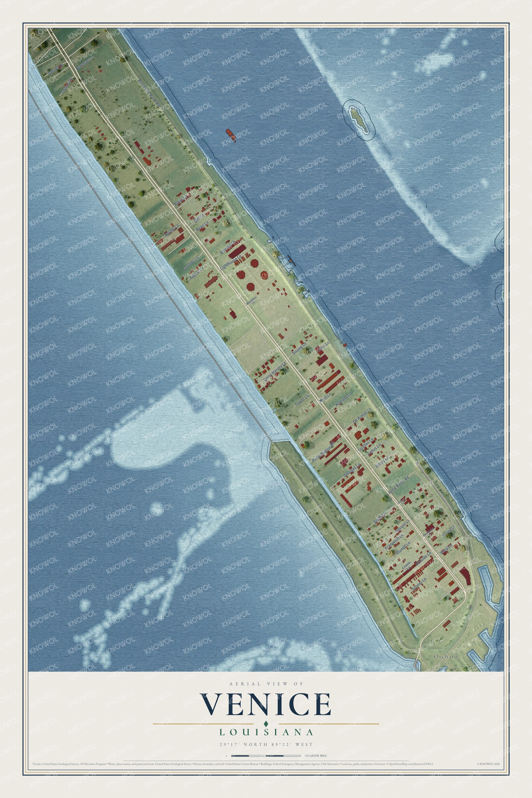 Full map of Venice, Louisiana, with red buildings, printed street names and the land around them