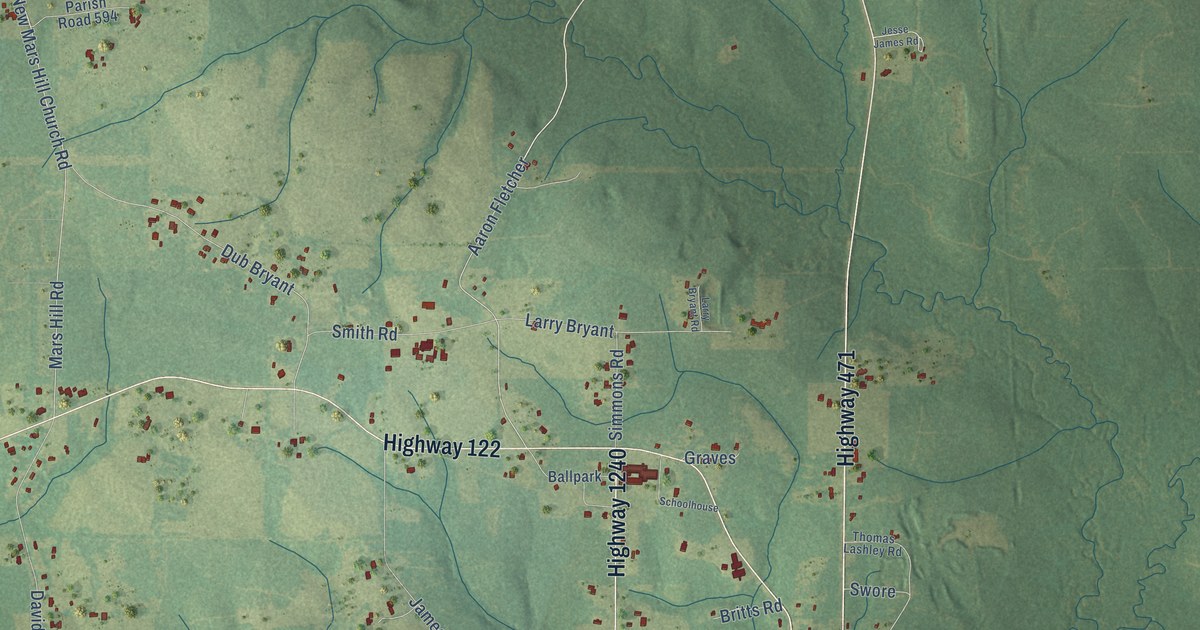 Close-up of streets and buildings in Verda, Louisiana