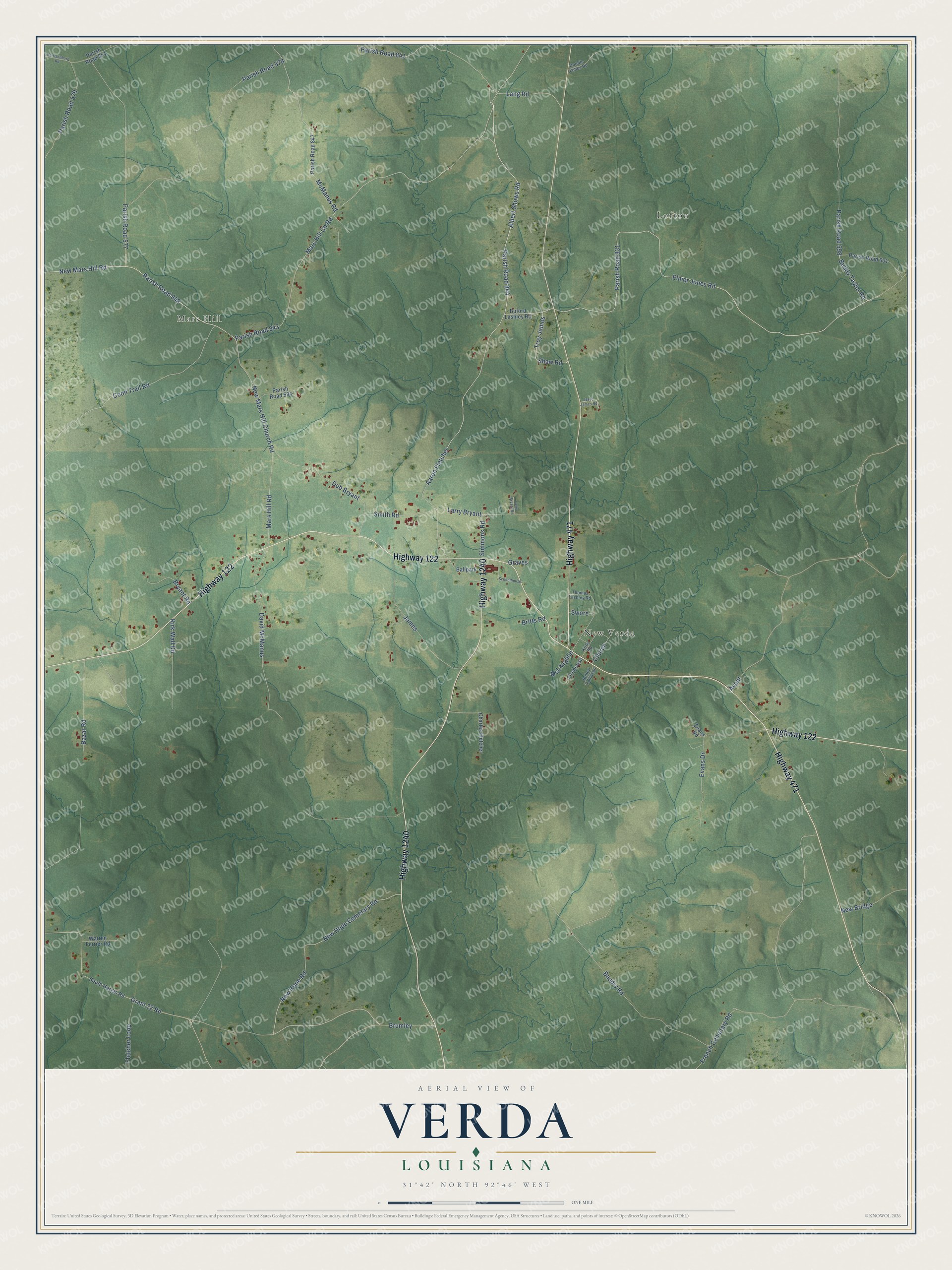 Full map of Verda, Louisiana, with red buildings, printed street names and the land around them