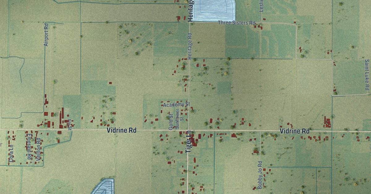 Close-up of streets and buildings in Vidrine, Louisiana