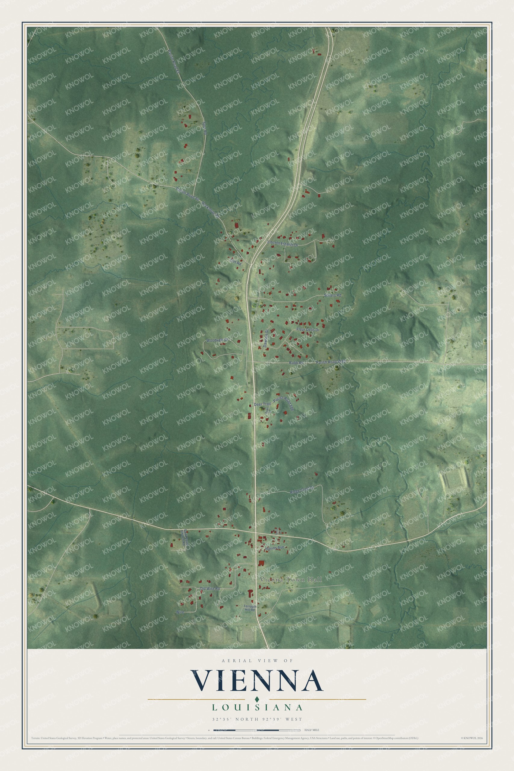 Full map of Vienna, Louisiana, with red buildings, printed street names and the land around them