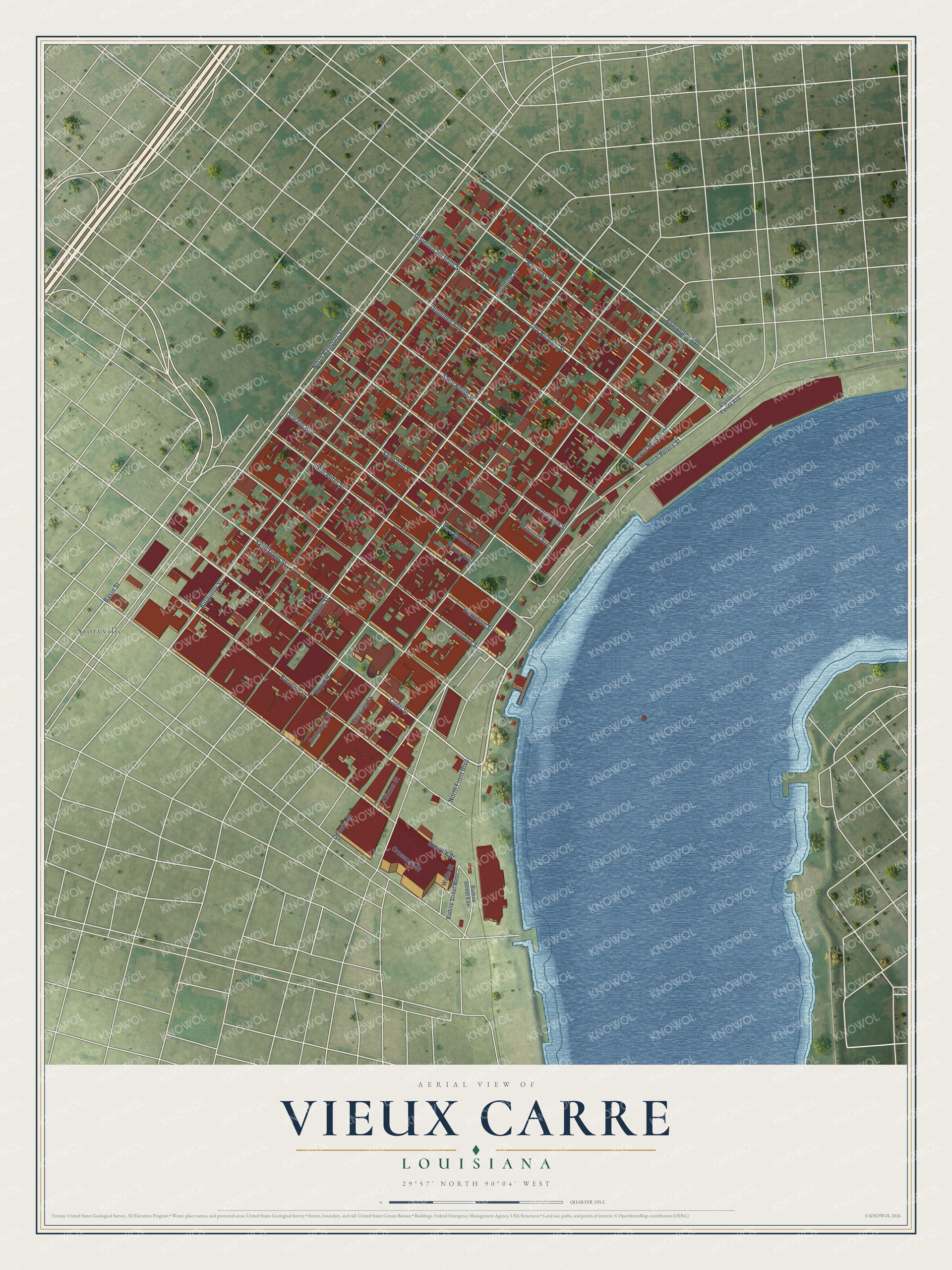 Full map of Vieux Carre, Louisiana, with red buildings, printed street names and the land around them