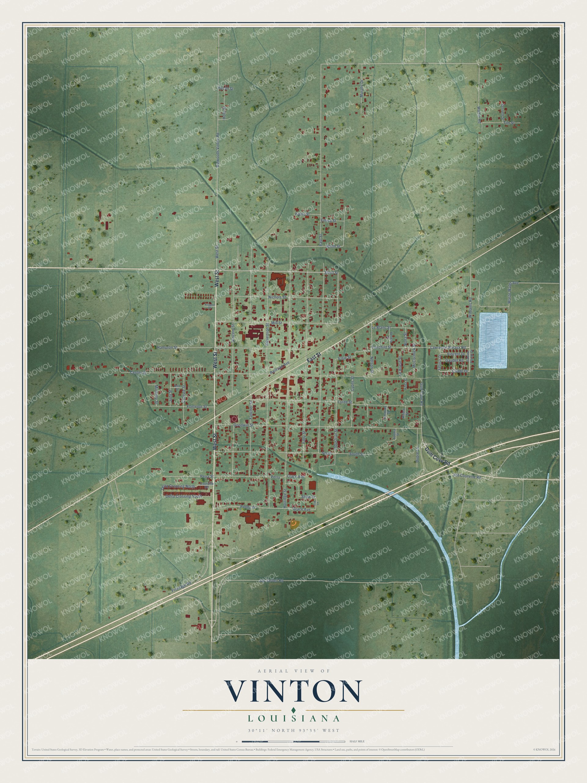 Full map of Vinton, Louisiana, with red buildings, printed street names and the land around them