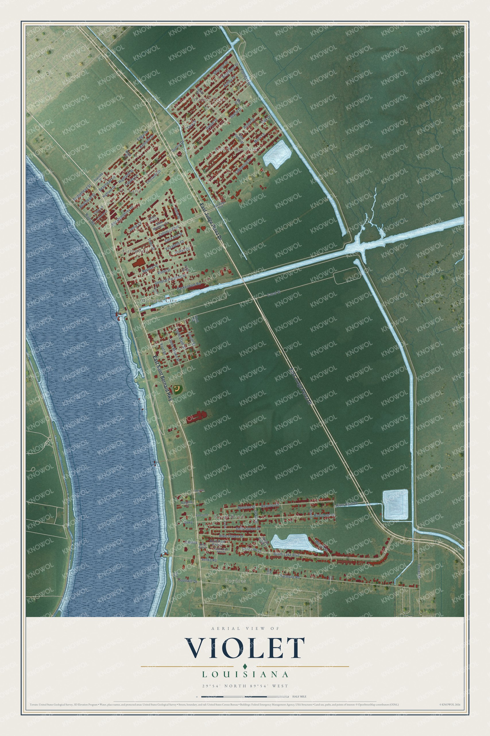 Full map of Violet, Louisiana, with red buildings, printed street names and the land around them