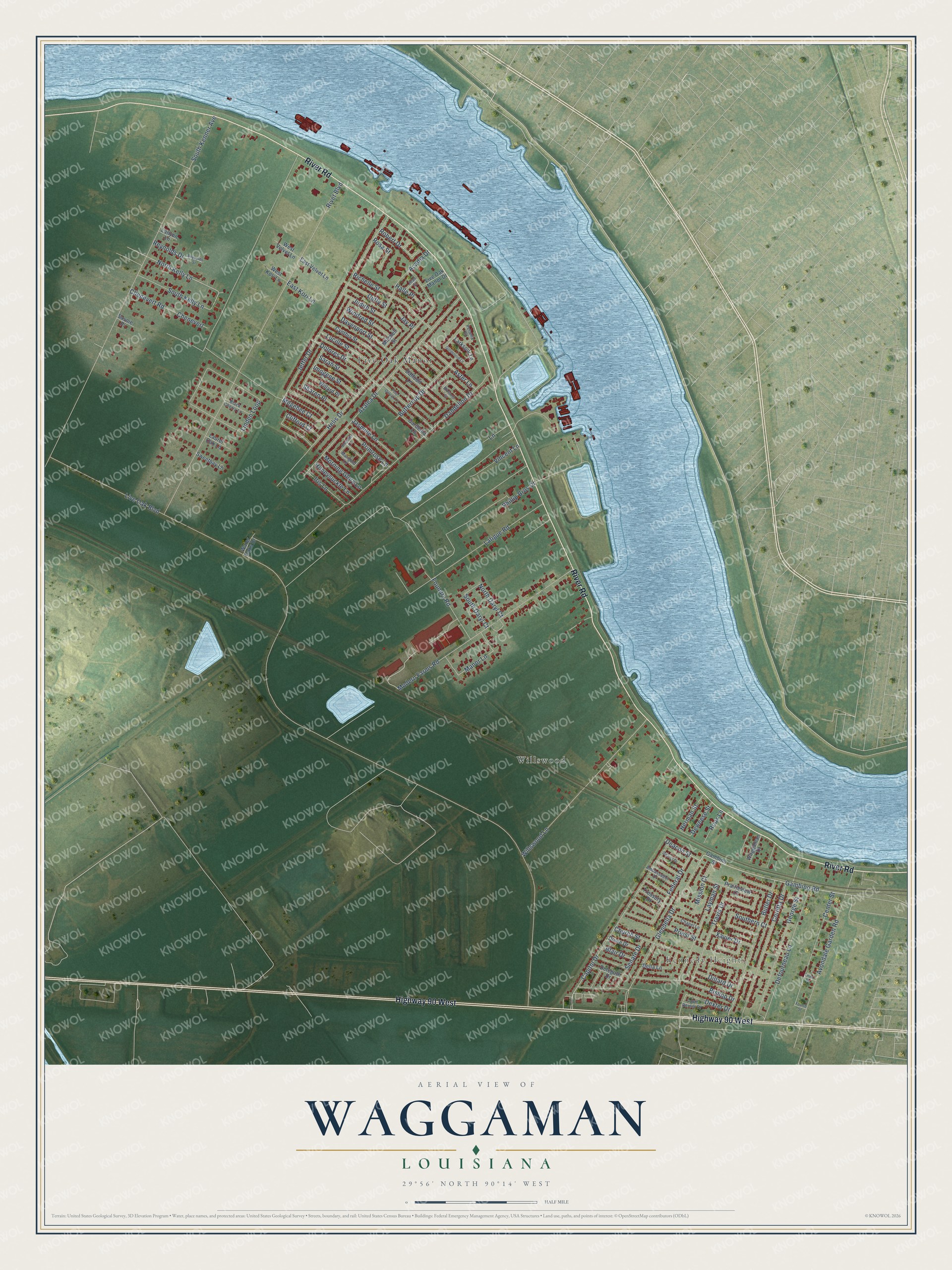 Full map of Waggaman, Louisiana, with red buildings, printed street names and the land around them