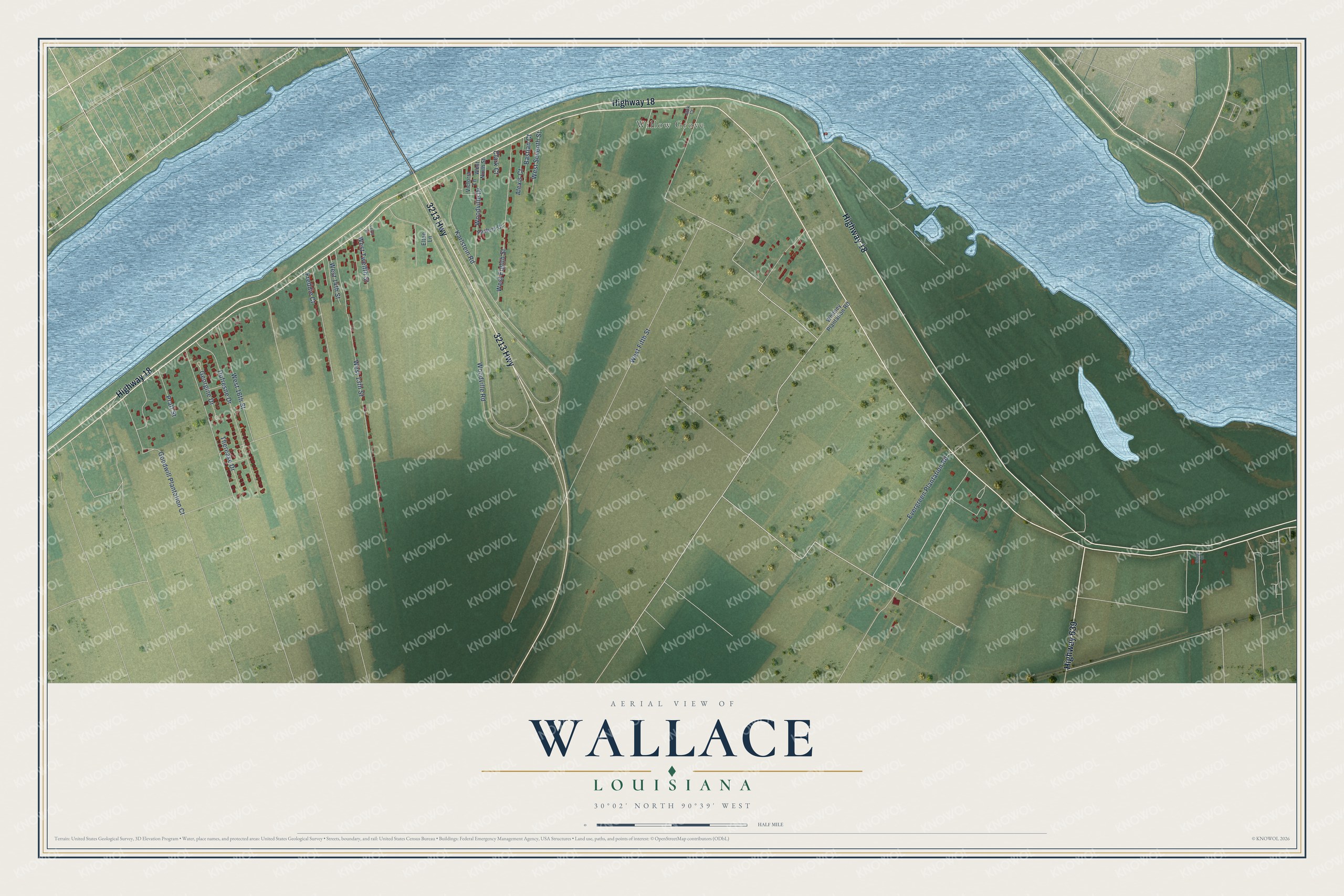 Full map of Wallace, Louisiana, with red buildings, printed street names and the land around them