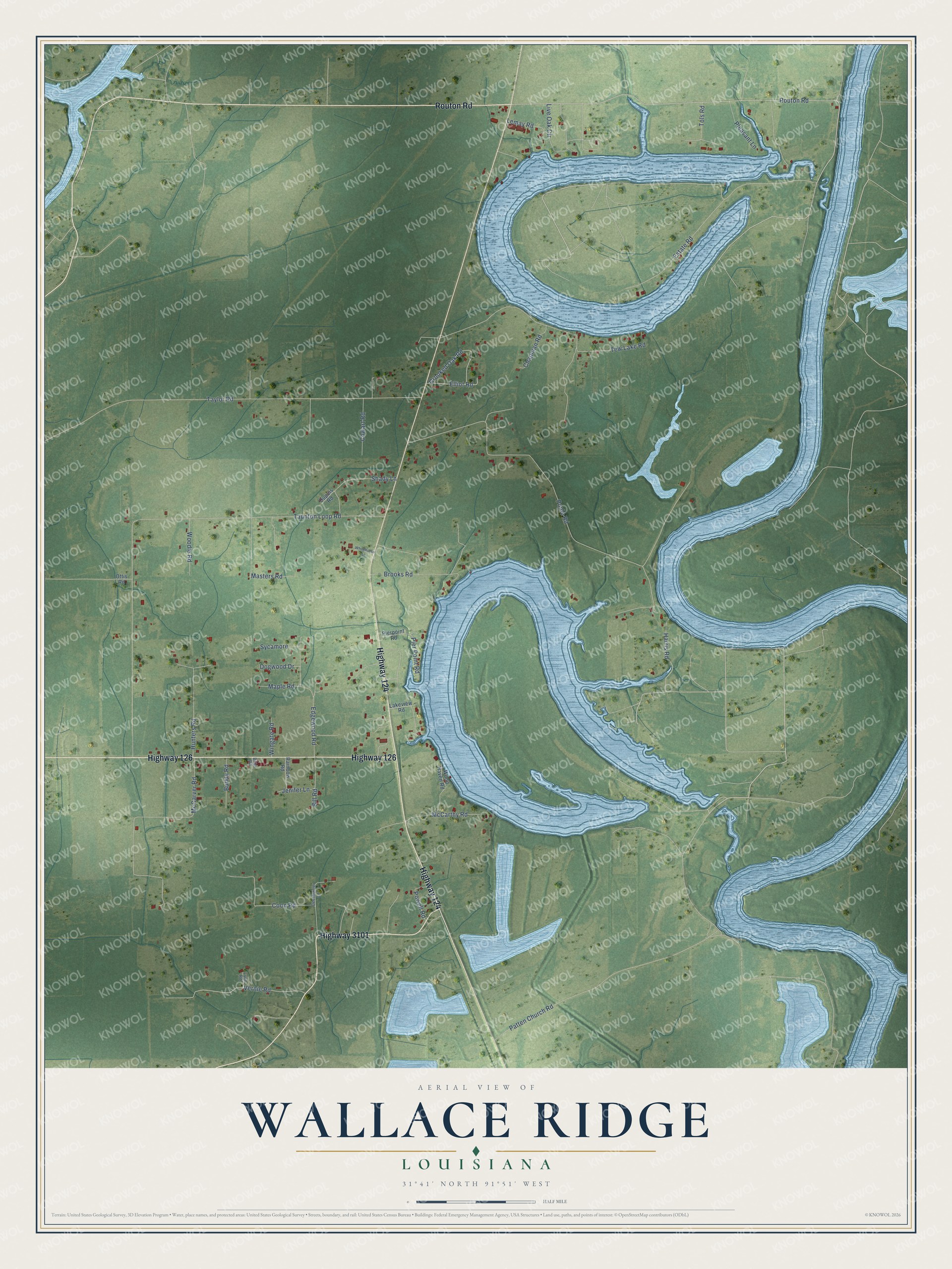 Full map of Wallace Ridge, Louisiana, with red buildings, printed street names and the land around them