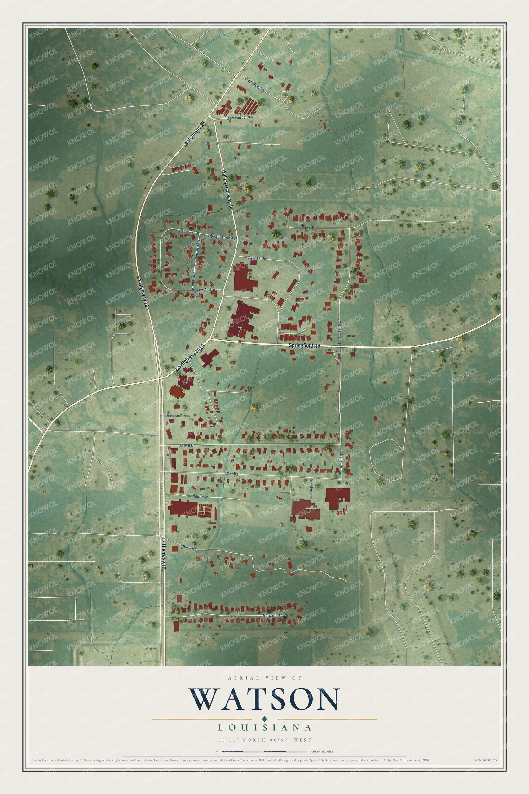 Full map of Watson, Louisiana, with red buildings, printed street names and the land around them