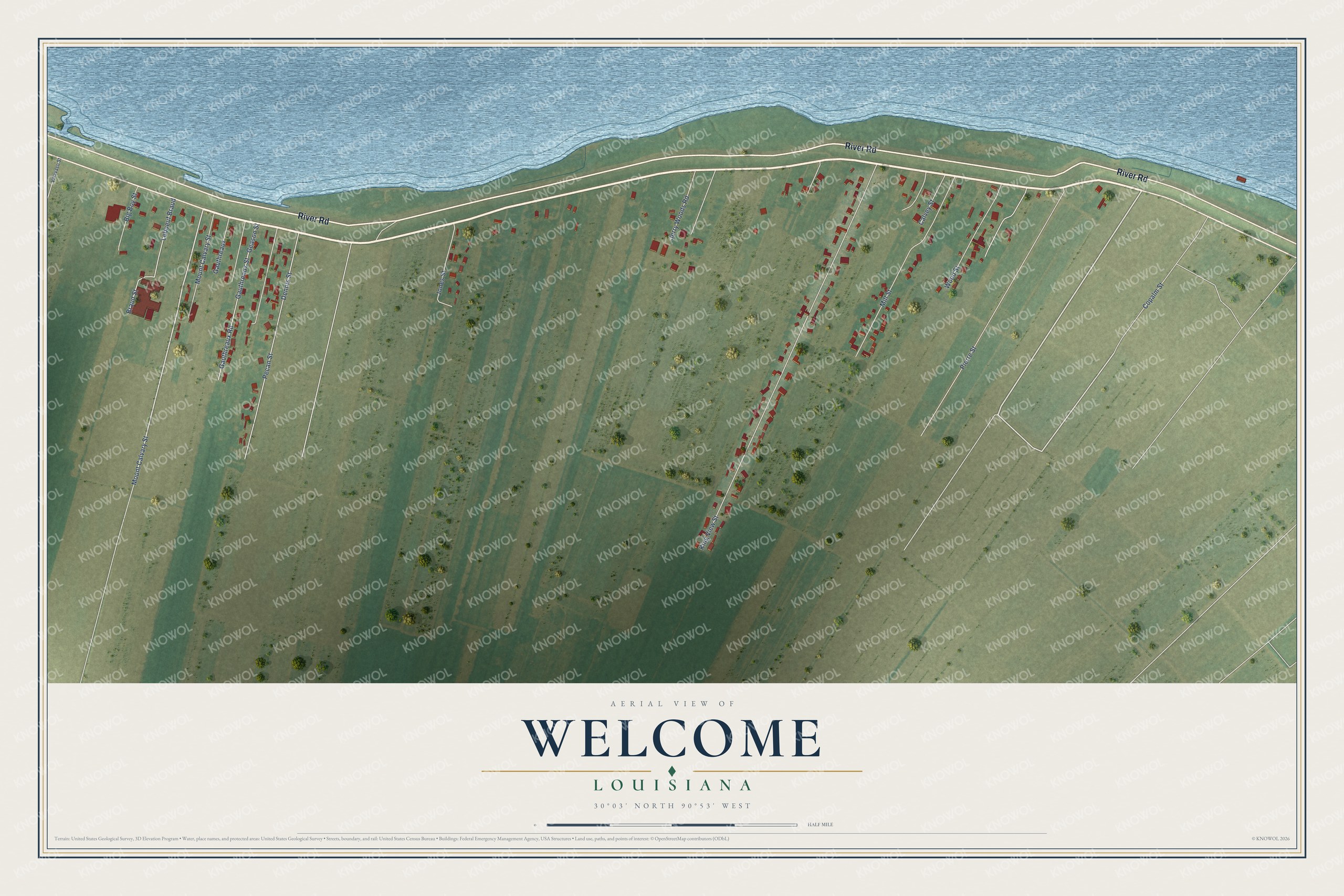 Full map of Welcome, Louisiana, with red buildings, printed street names and the land around them