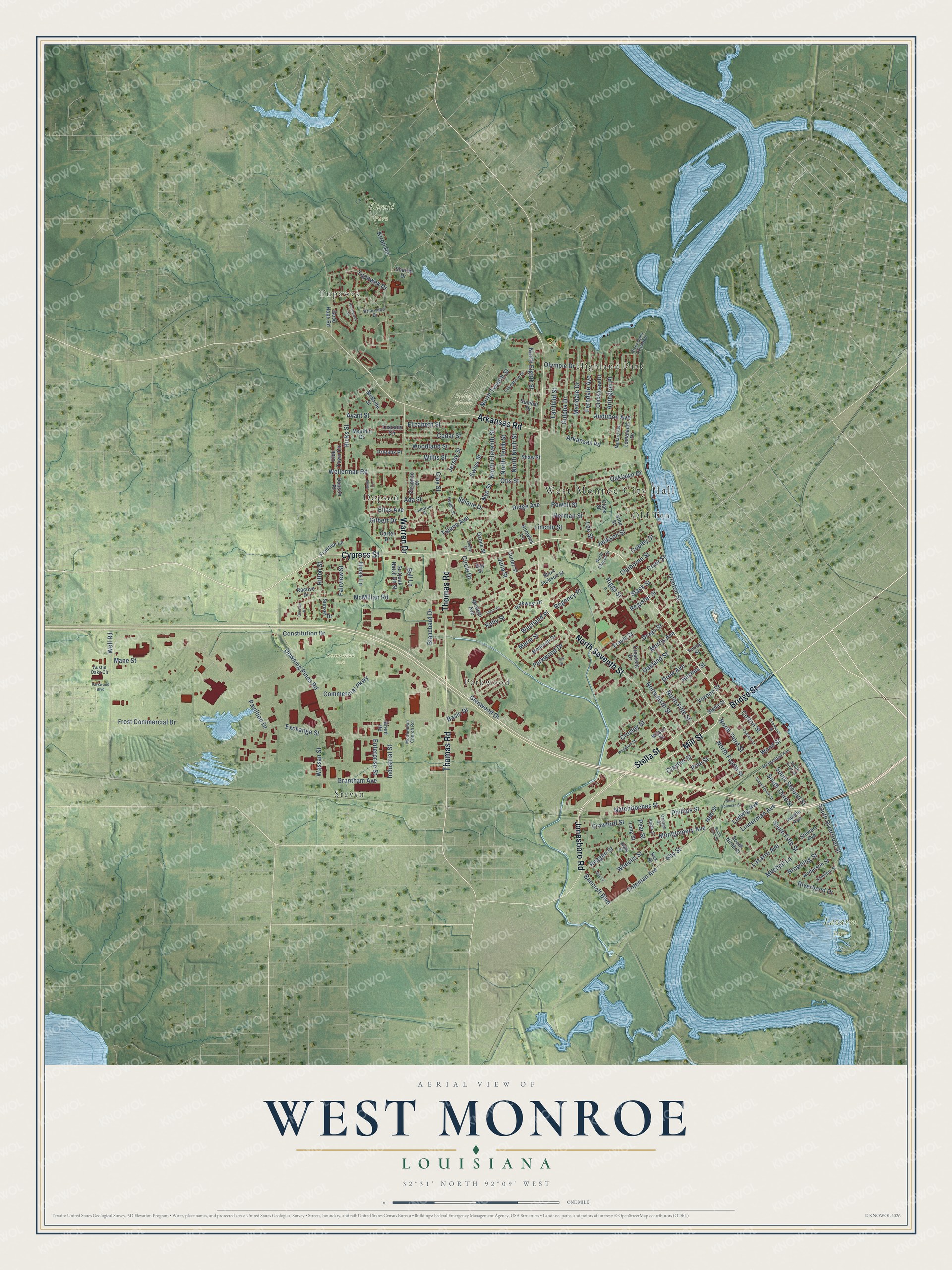 Full map of West Monroe, Louisiana, with red buildings, printed street names and the land around them