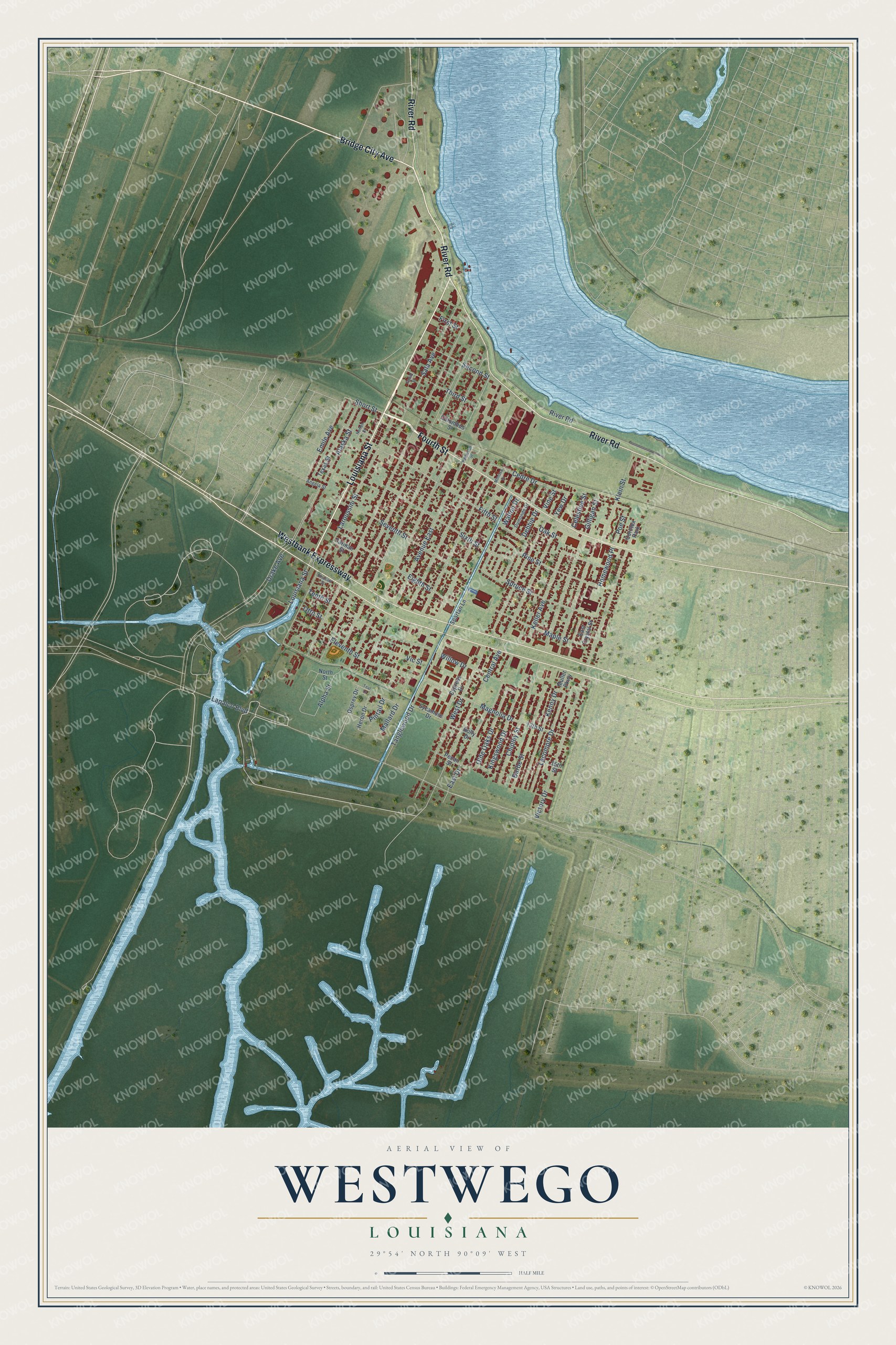 Full map of Westwego, Louisiana, with red buildings, printed street names and the land around them