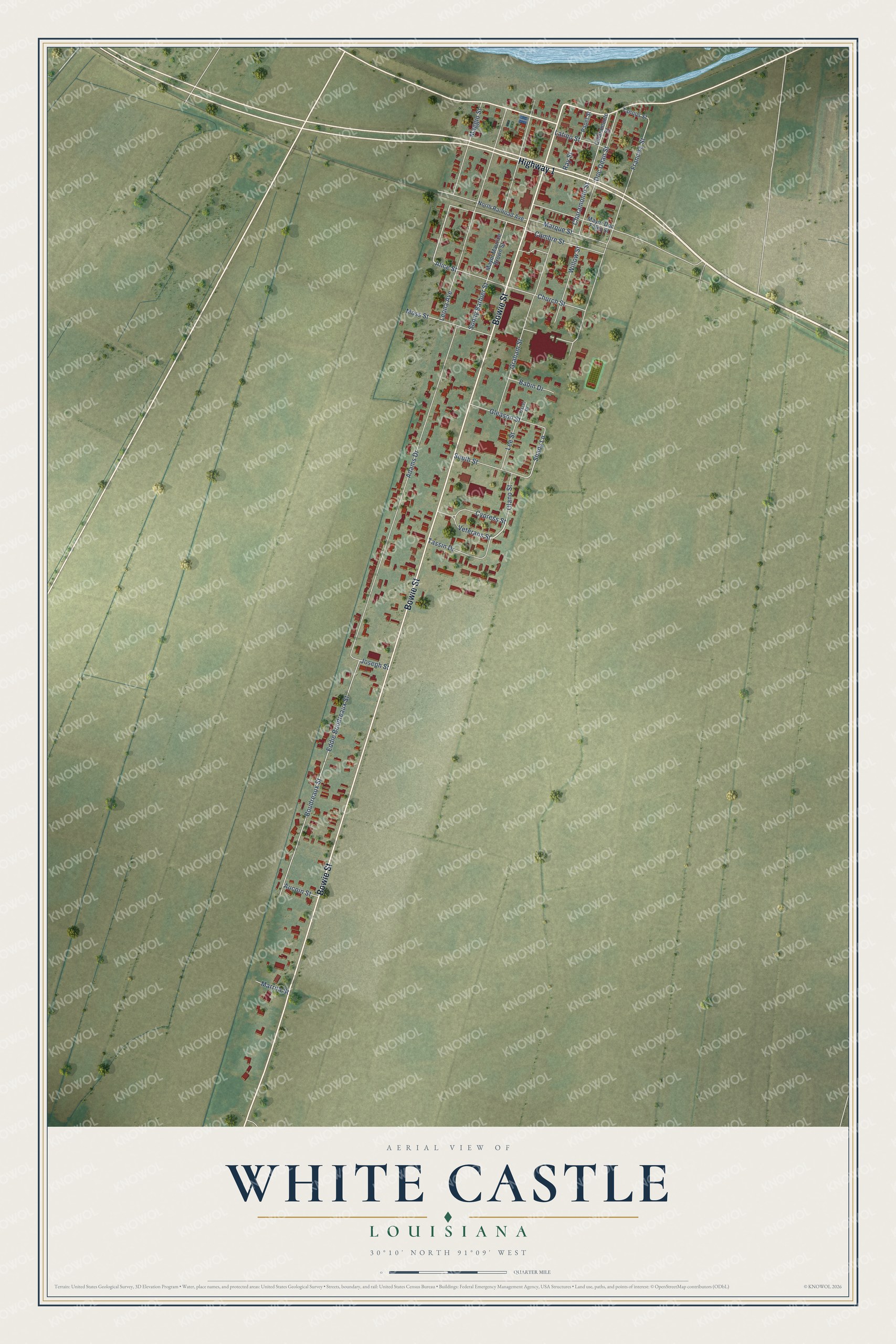 Full map of White Castle, Louisiana, with red buildings, printed street names and the land around them