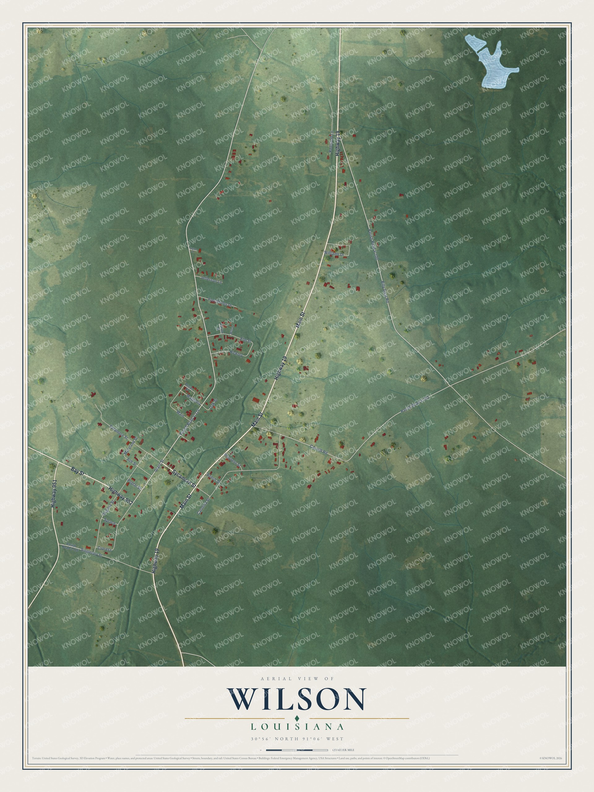 Full map of Wilson, Louisiana, with red buildings, printed street names and the land around them