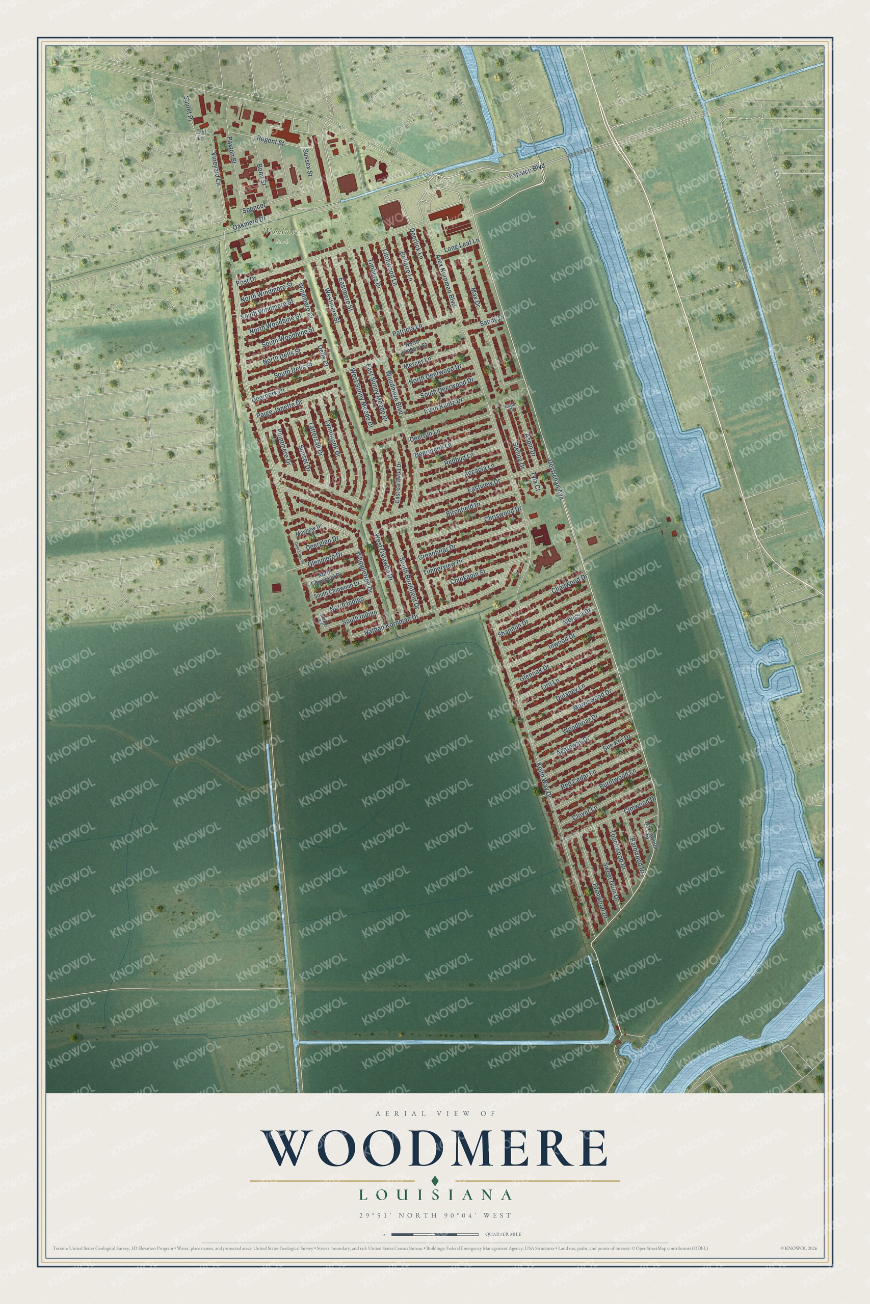 Full map of Woodmere, Louisiana, with red buildings, printed street names and the land around them
