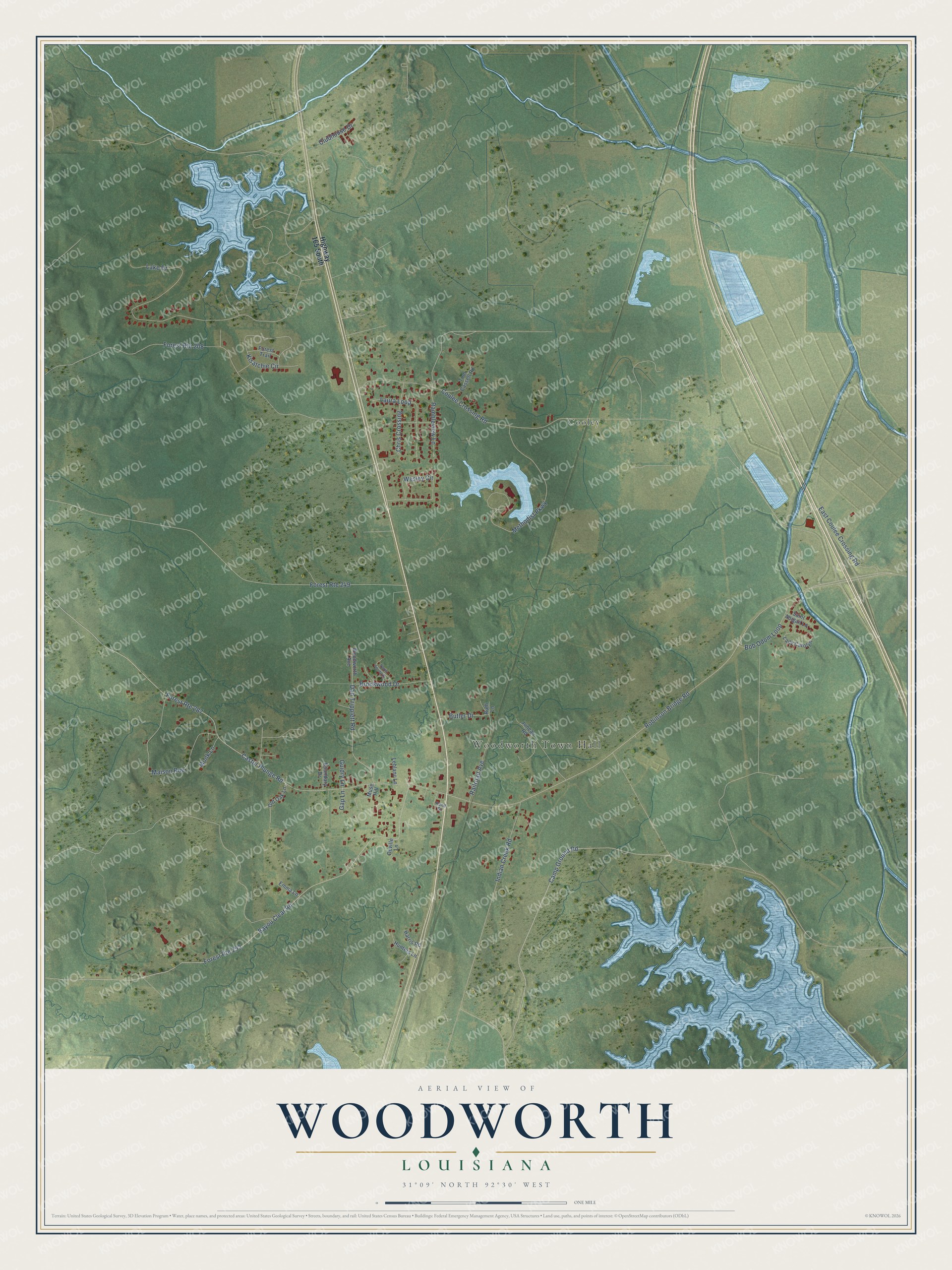 Full map of Woodworth, Louisiana, with red buildings, printed street names and the land around them