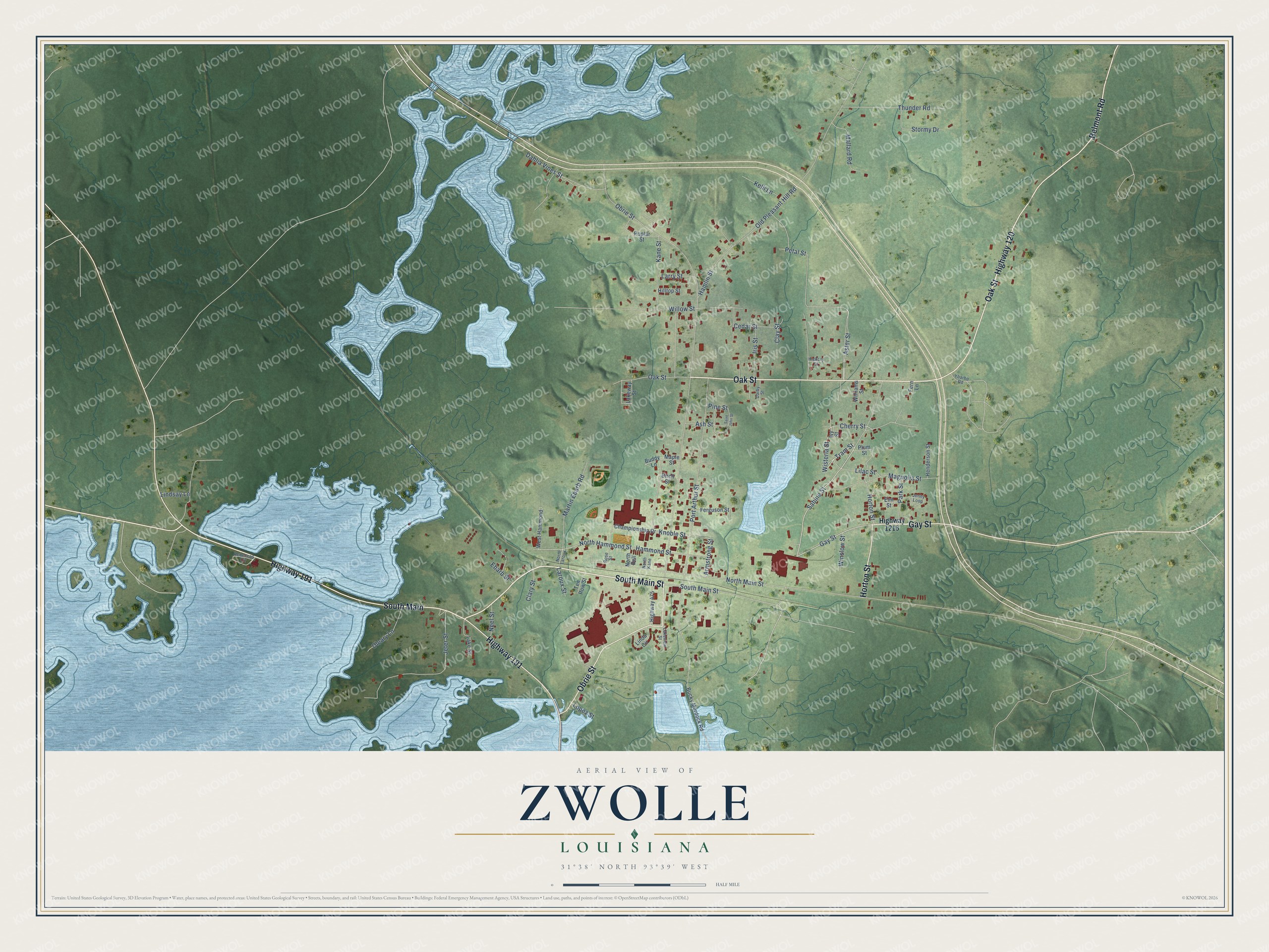 Full map of Zwolle, Louisiana, with red buildings, printed street names and the land around them