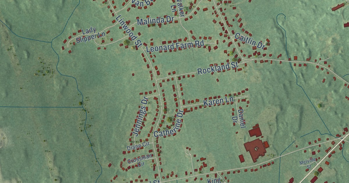 Close-up of streets and buildings in Abington, Massachusetts