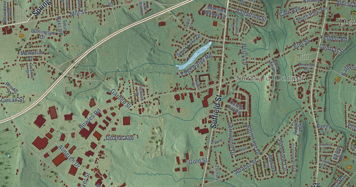 Close-up of streets and buildings in Agawam, Massachusetts