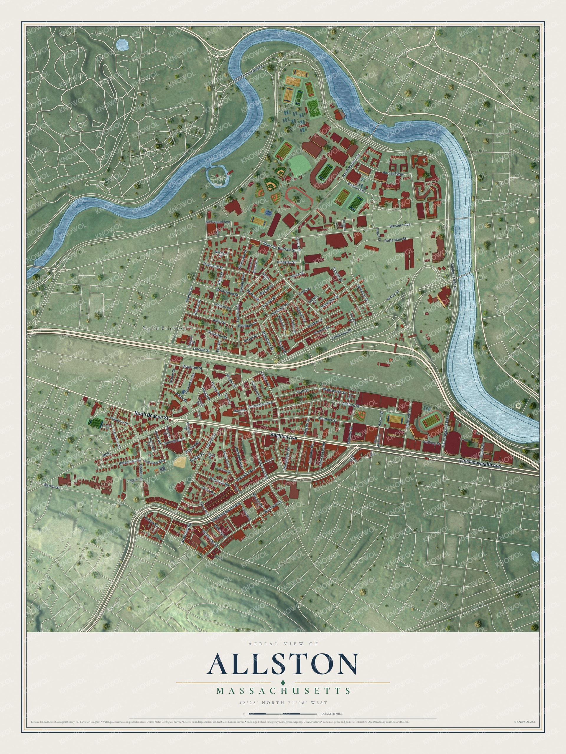Watermarked full-map preview of Allston, Massachusetts