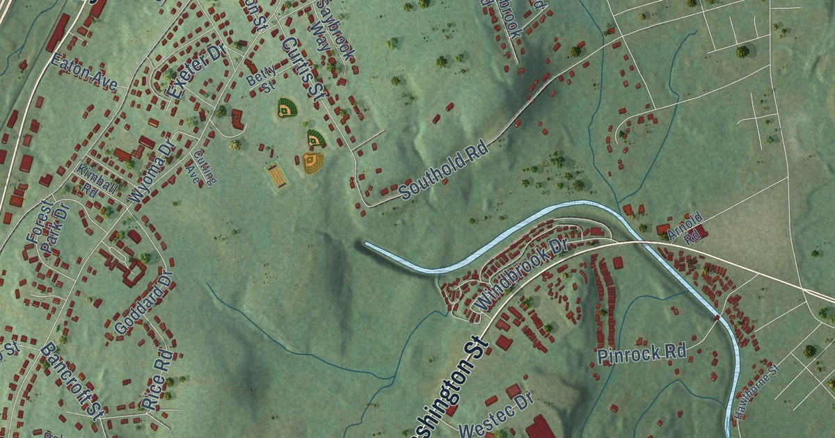 Close-up of streets and buildings in Auburn, Massachusetts