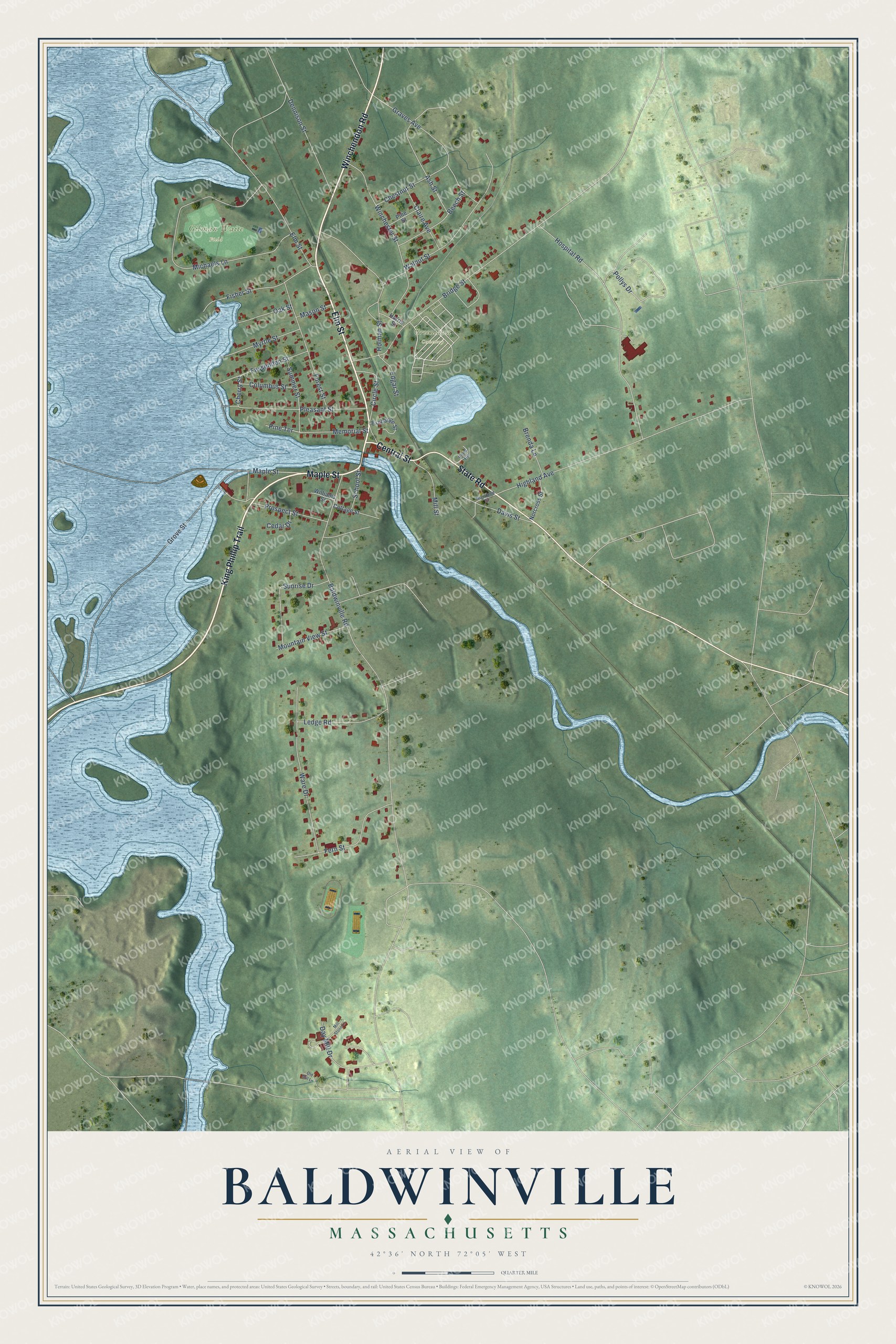 Full map of Baldwinville, Massachusetts, with red buildings, printed street names and the land around them