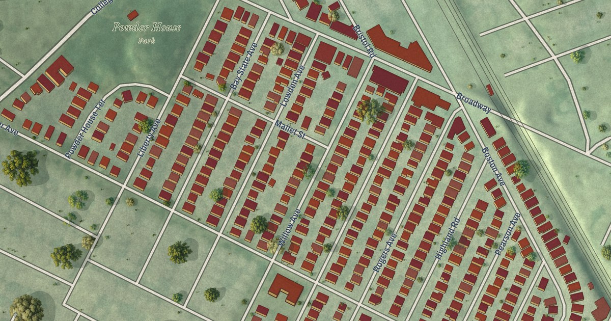 Close-up of streets and buildings in Ball Square, Massachusetts