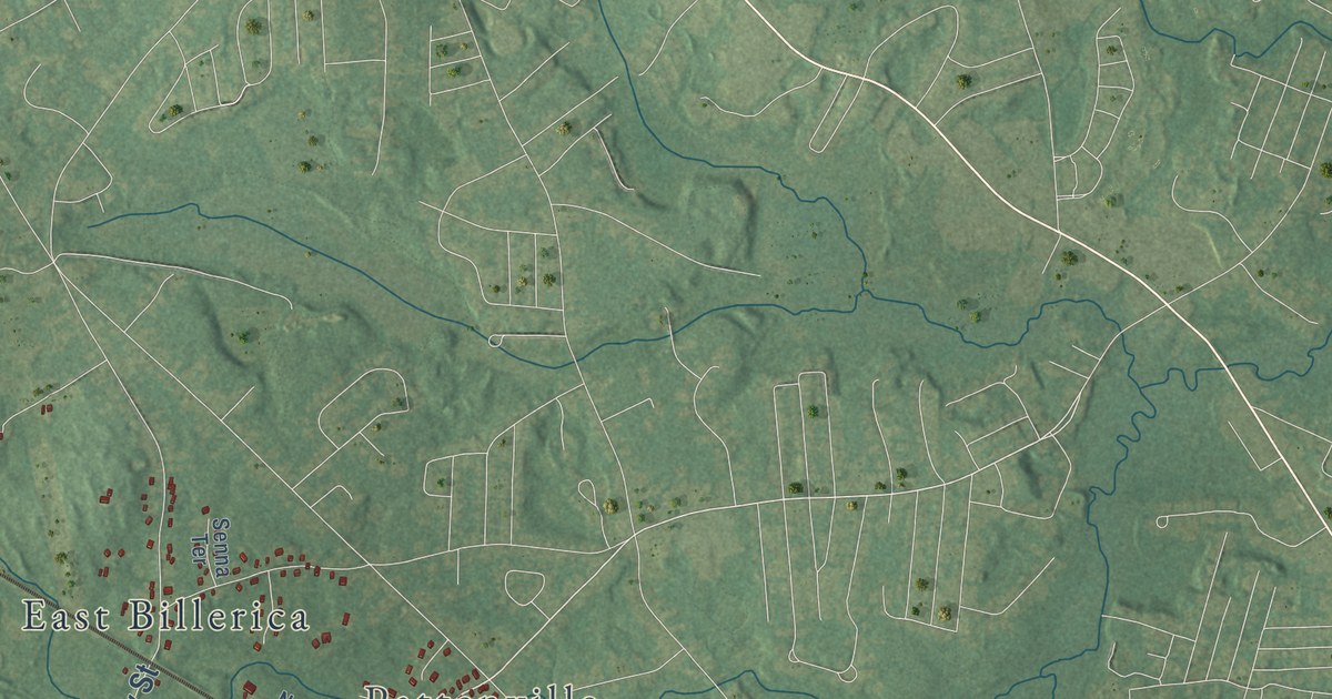 Close-up of streets and buildings in Billerica, Massachusetts