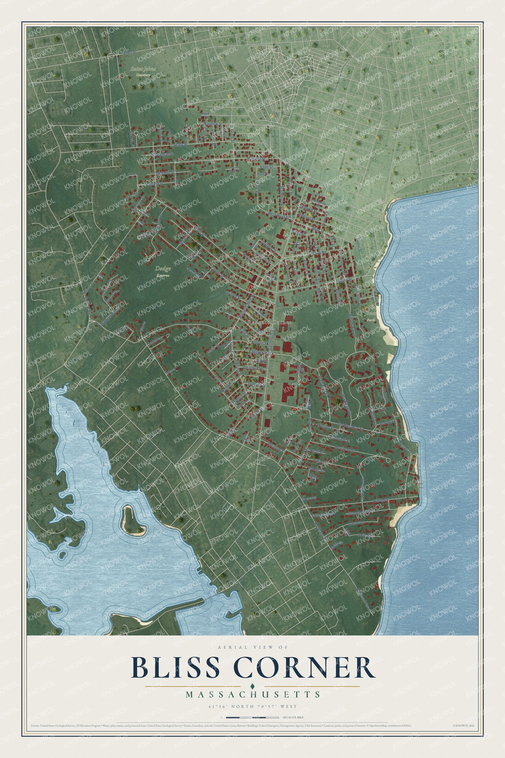 Full map of Bliss Corner, Massachusetts, with red buildings, printed street names and the land around them