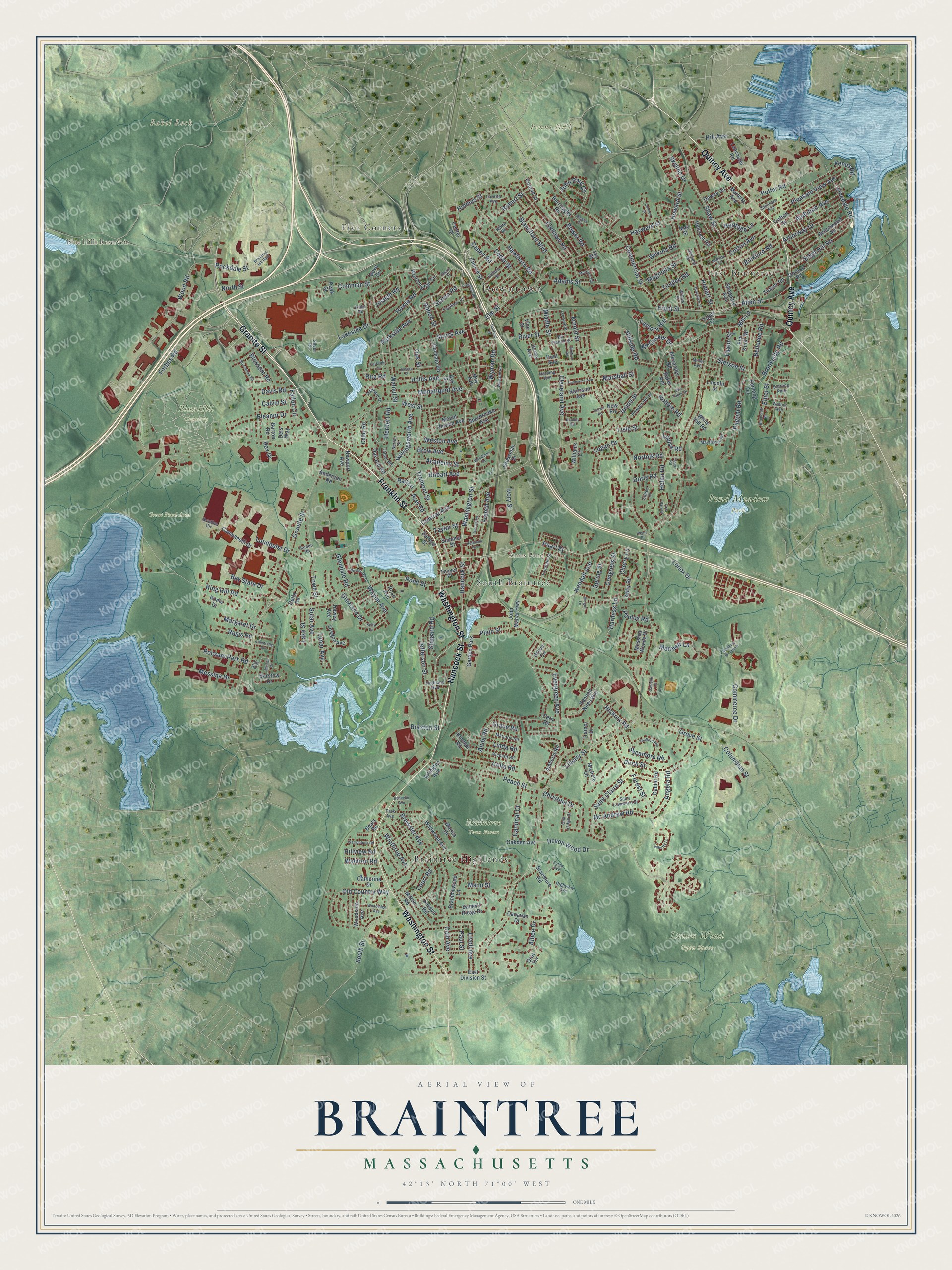 Watermarked full-map preview of Braintree, Massachusetts